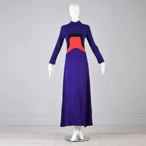 1960s Iconic Space Age Mod Long Sleeve Maxi Dress in Bright Purple Knit