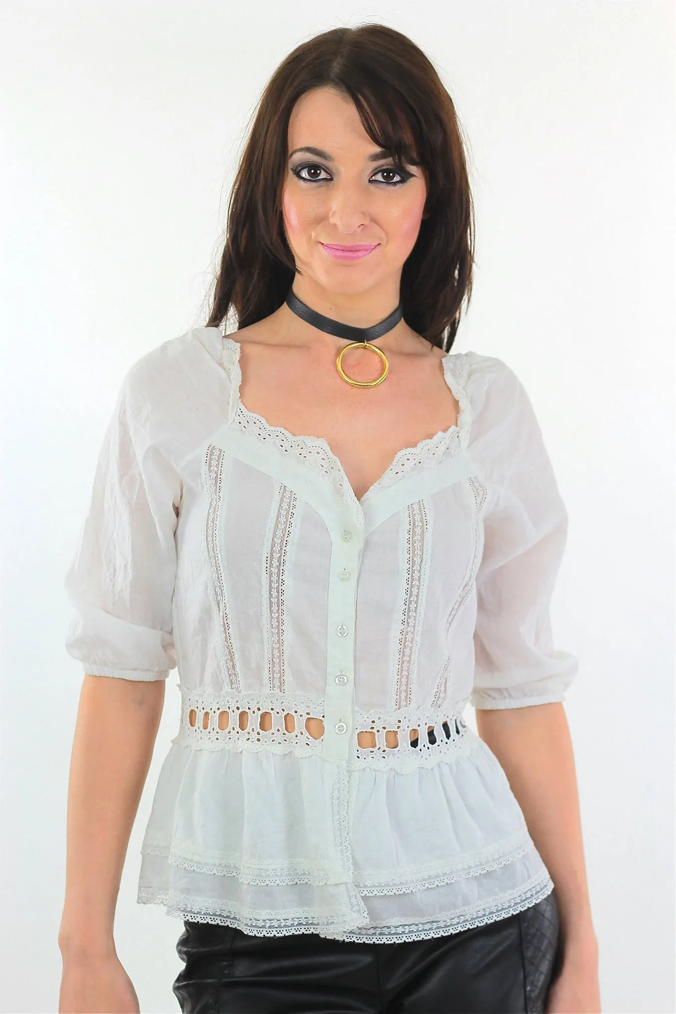 90s White lace top Vintage Festival sheer Hippie Shirt