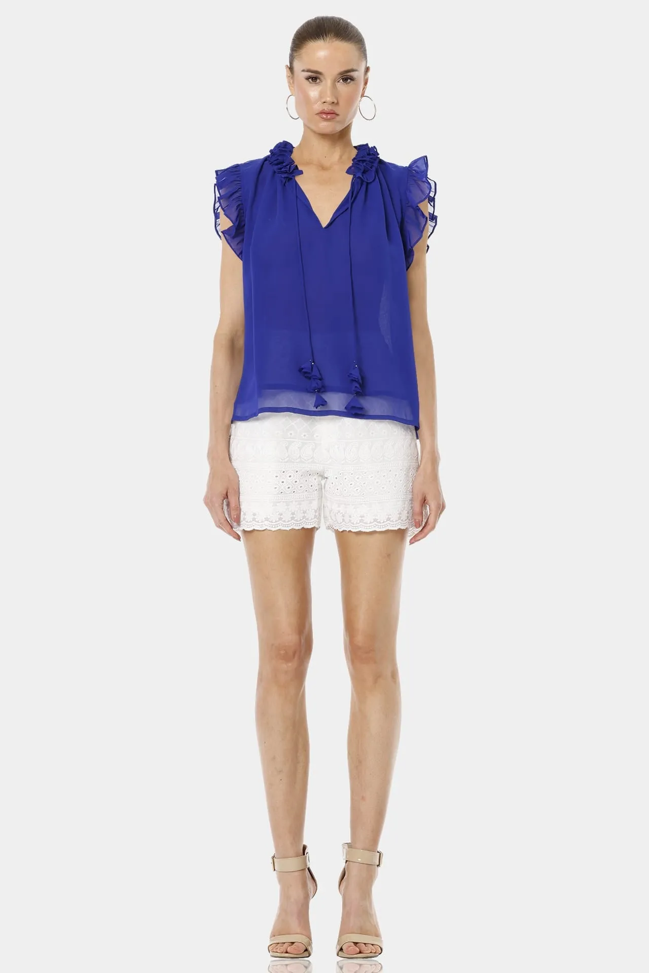 Aphrodite Blue Ruffle Tie Up Neck Sleeveless Top