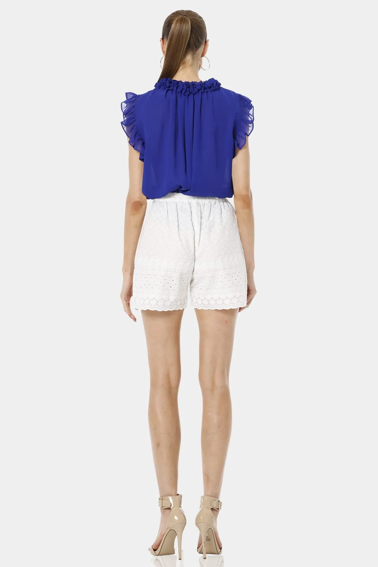 Aphrodite Blue Ruffle Tie Up Neck Sleeveless Top
