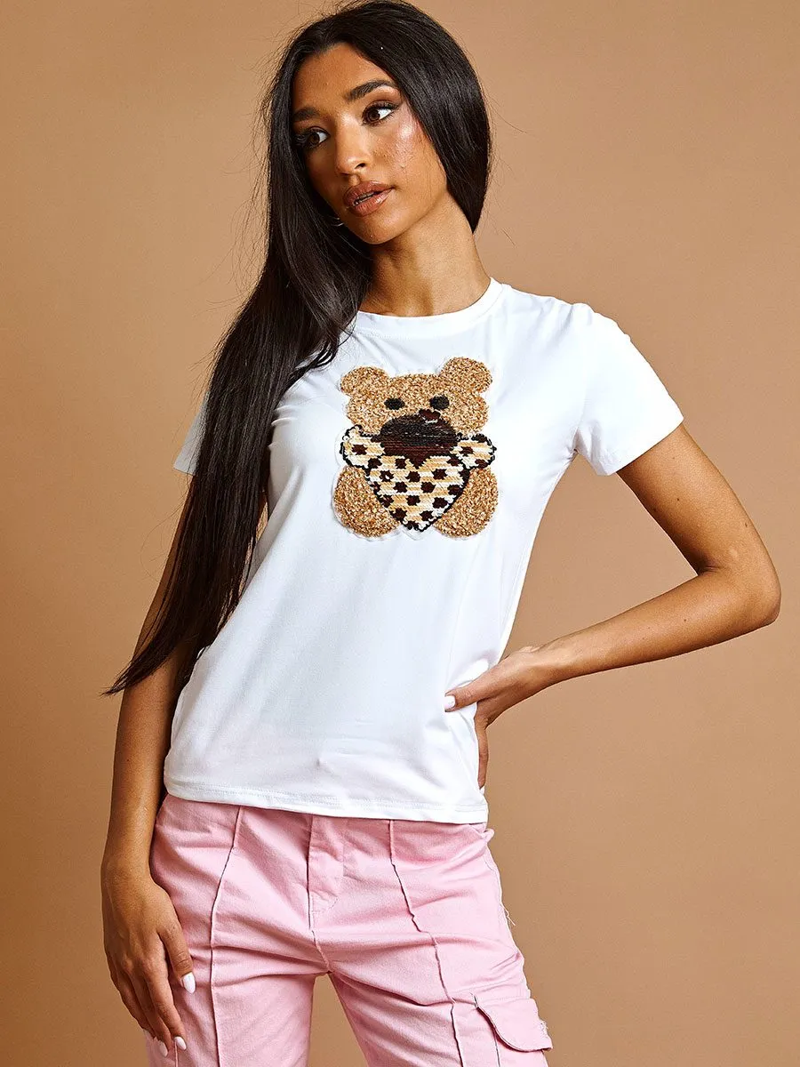 Ashley Sequin Teddy Applique T-Shirt In White