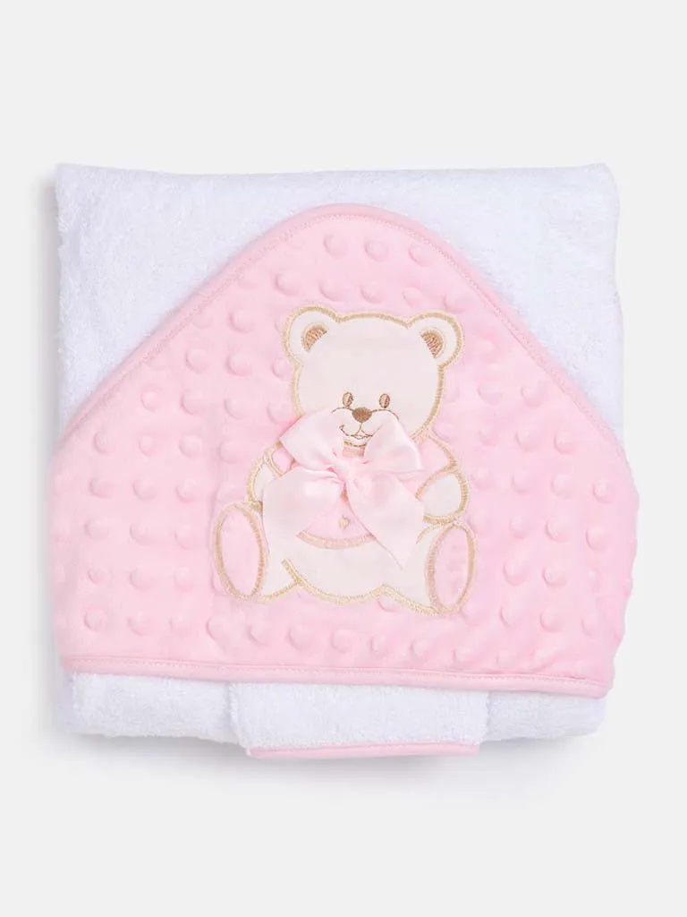 Baby Hooded Teddy Towel Set with Wash Cloth - White & Pink