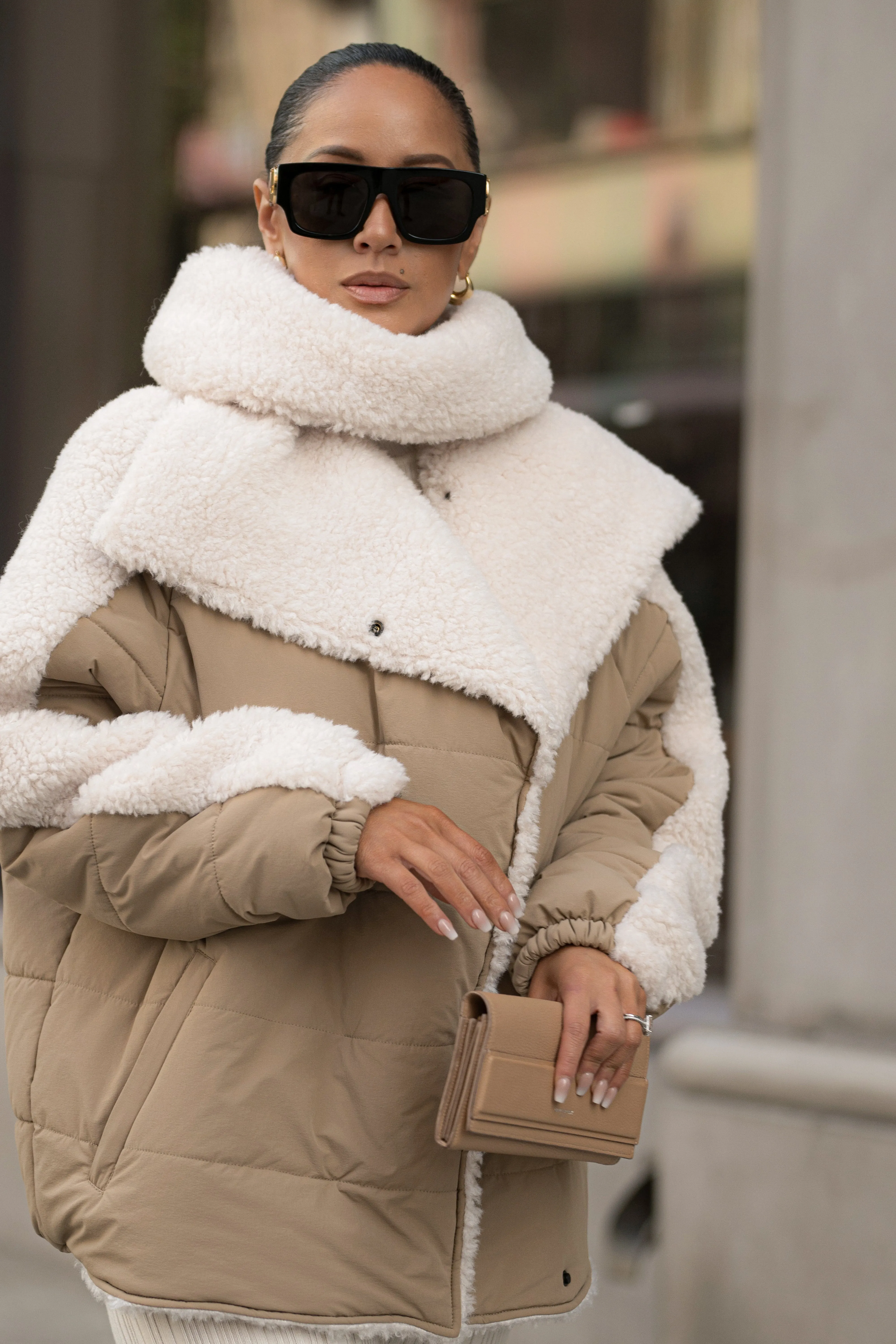 Beige/Ivory Contrast Sherpa Jacket