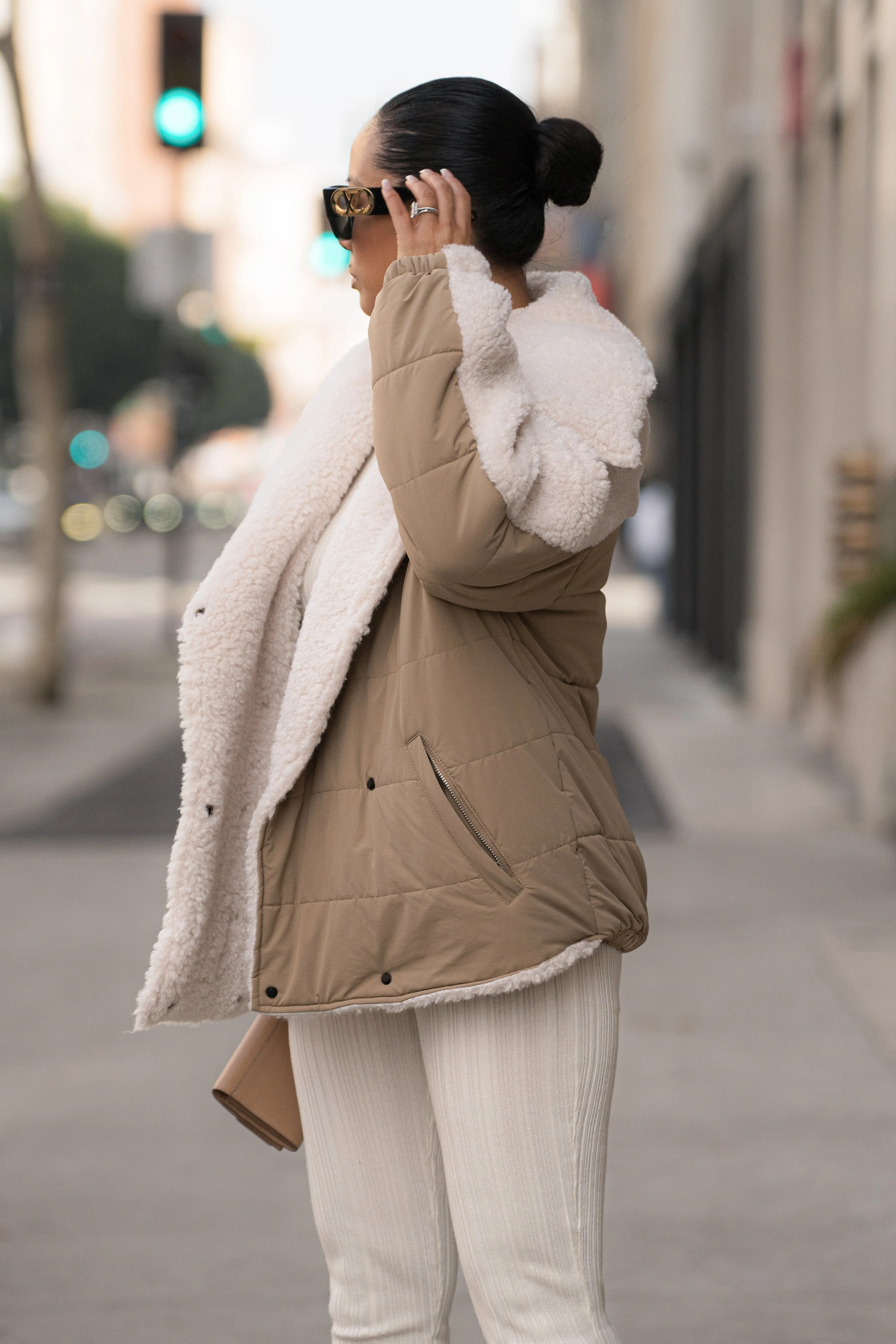 Beige/Ivory Contrast Sherpa Jacket