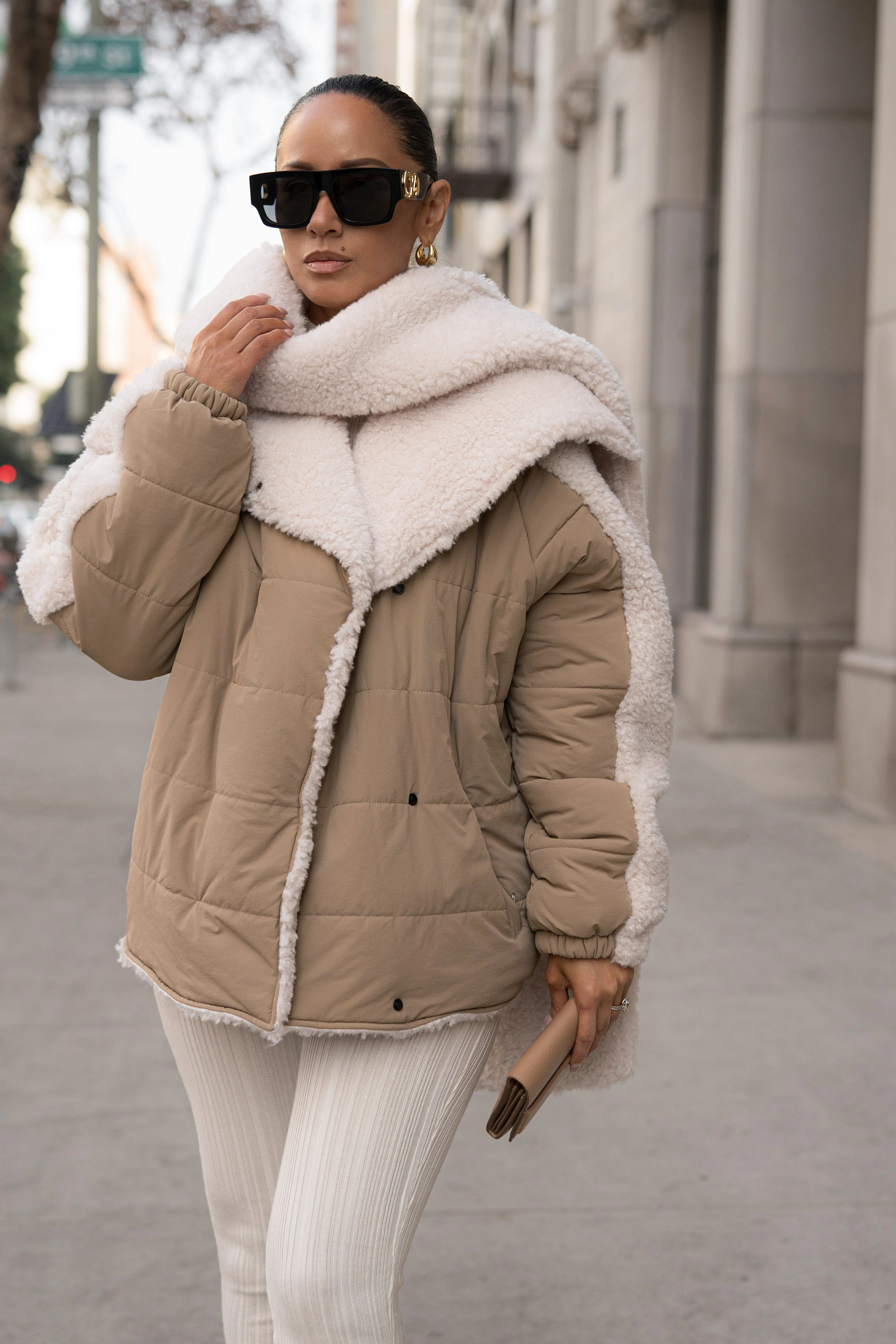 Beige/Ivory Contrast Sherpa Jacket