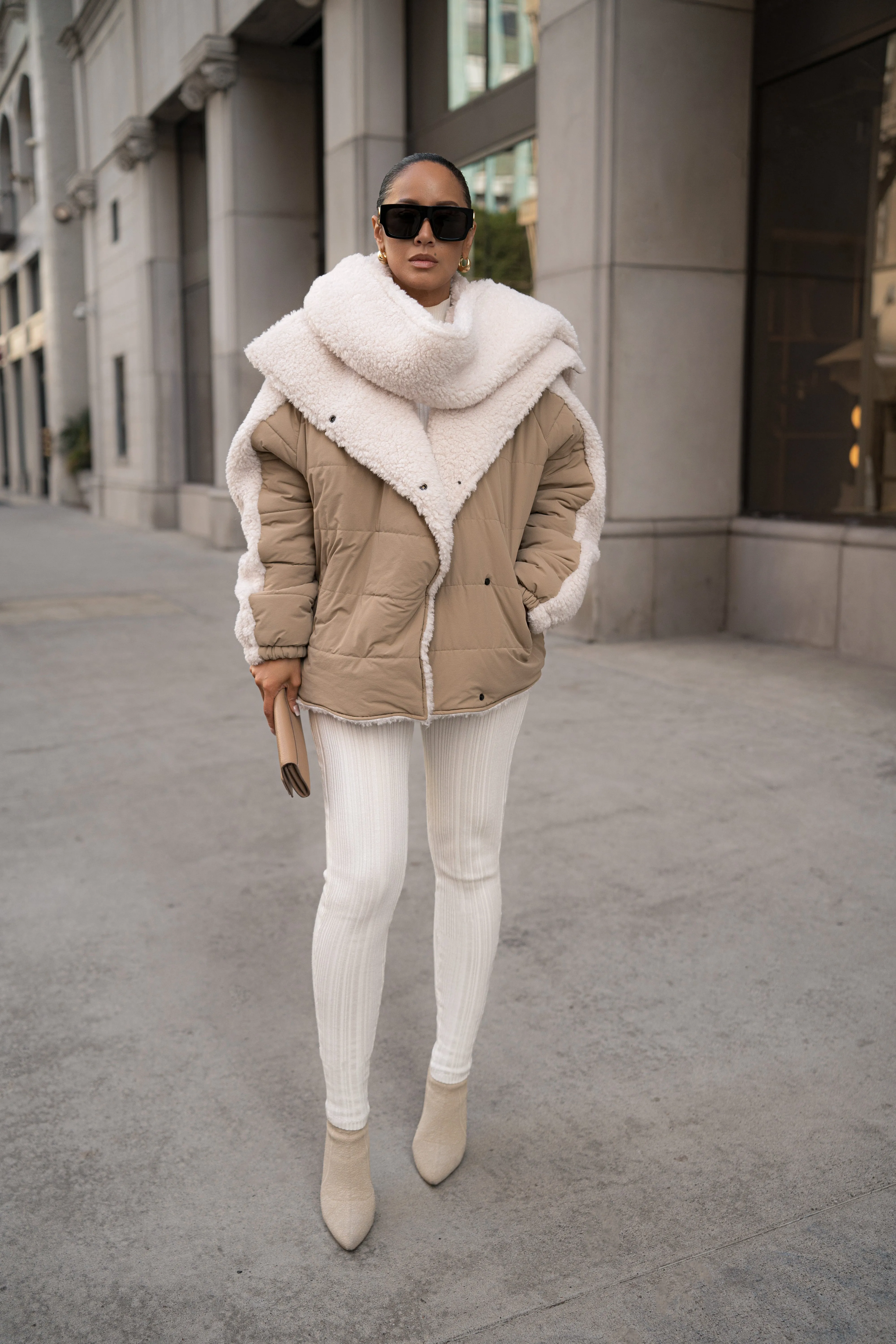Beige/Ivory Contrast Sherpa Jacket