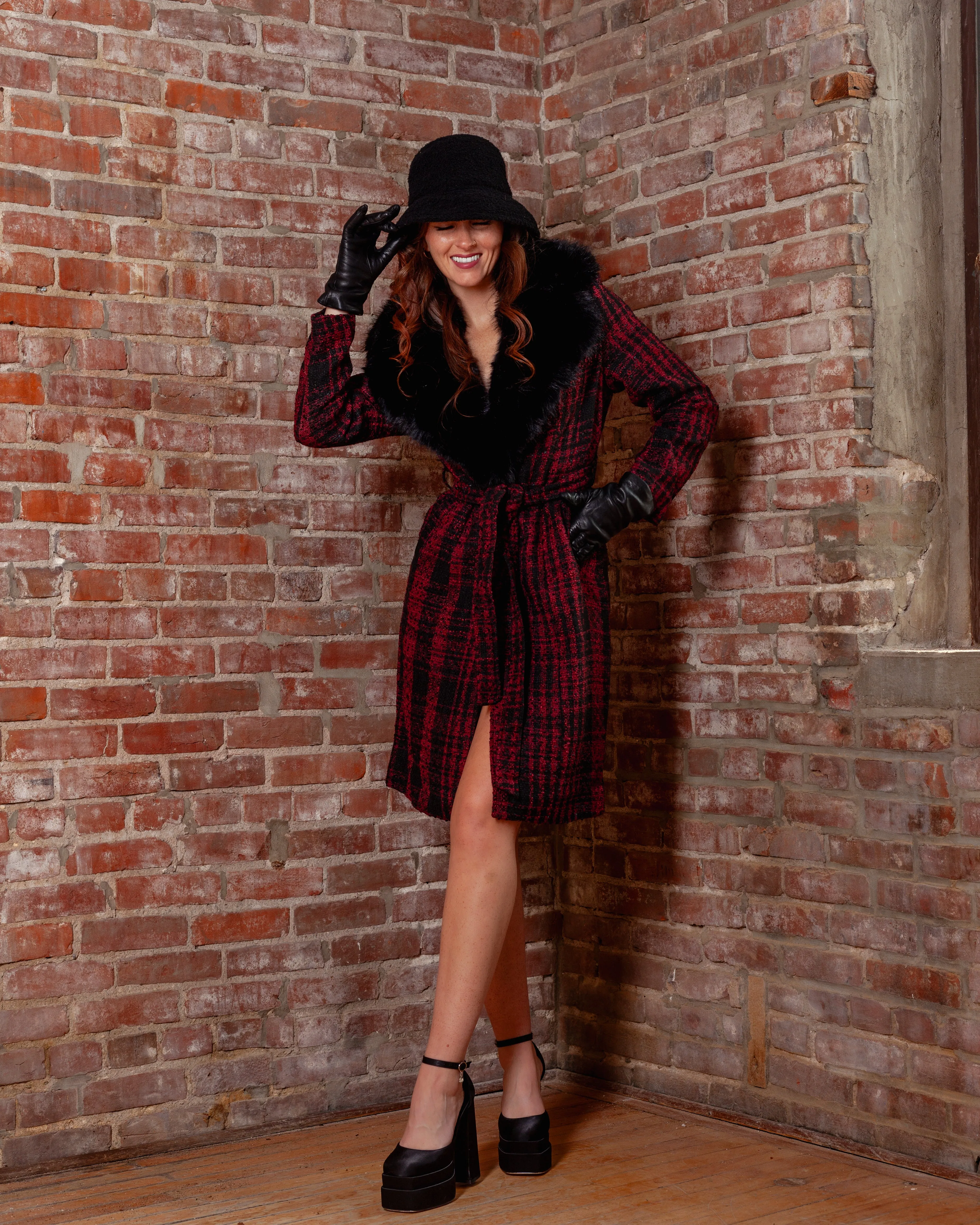 Berlin Red Plaid Coat With Removable Faux Fur