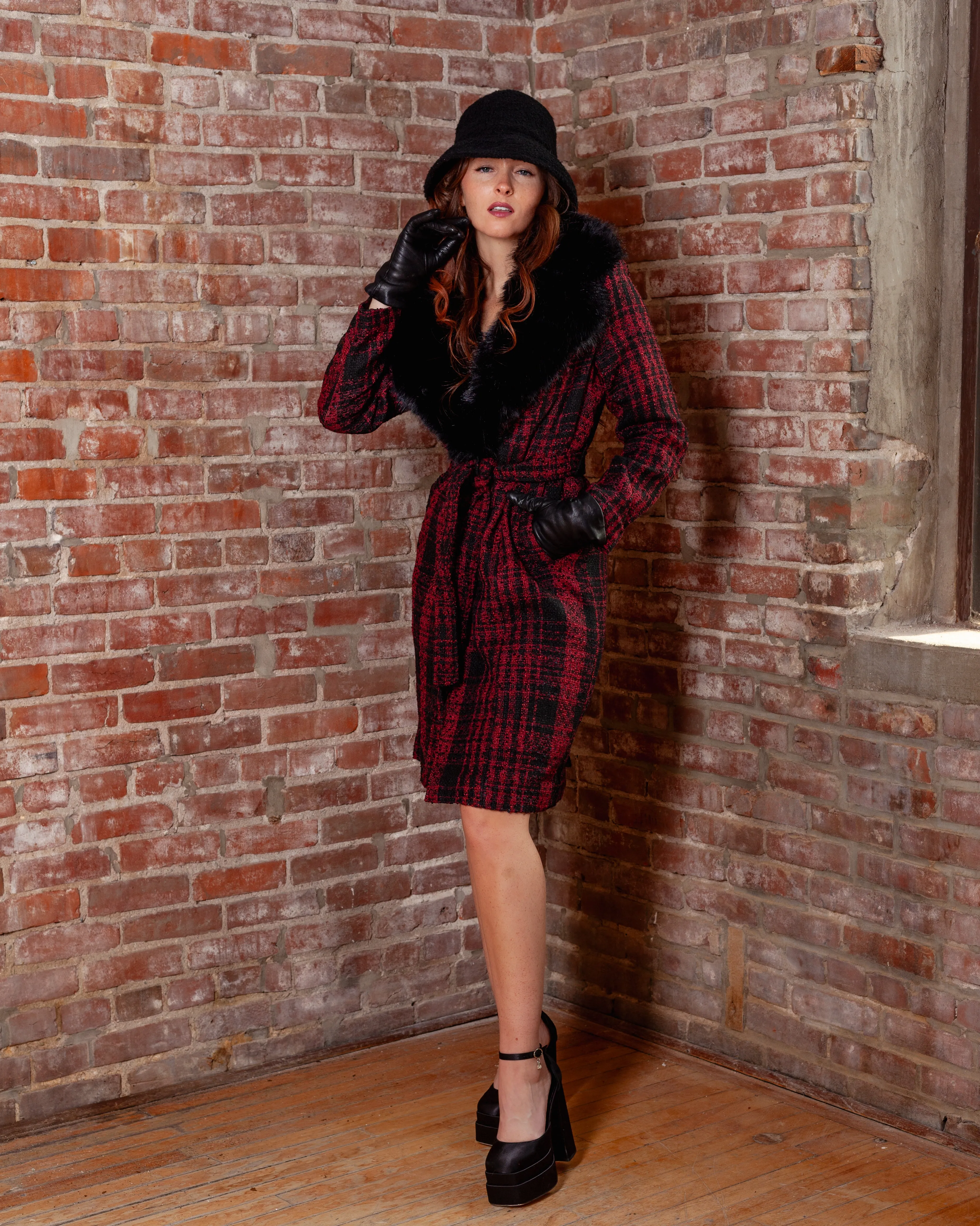 Berlin Red Plaid Coat With Removable Faux Fur