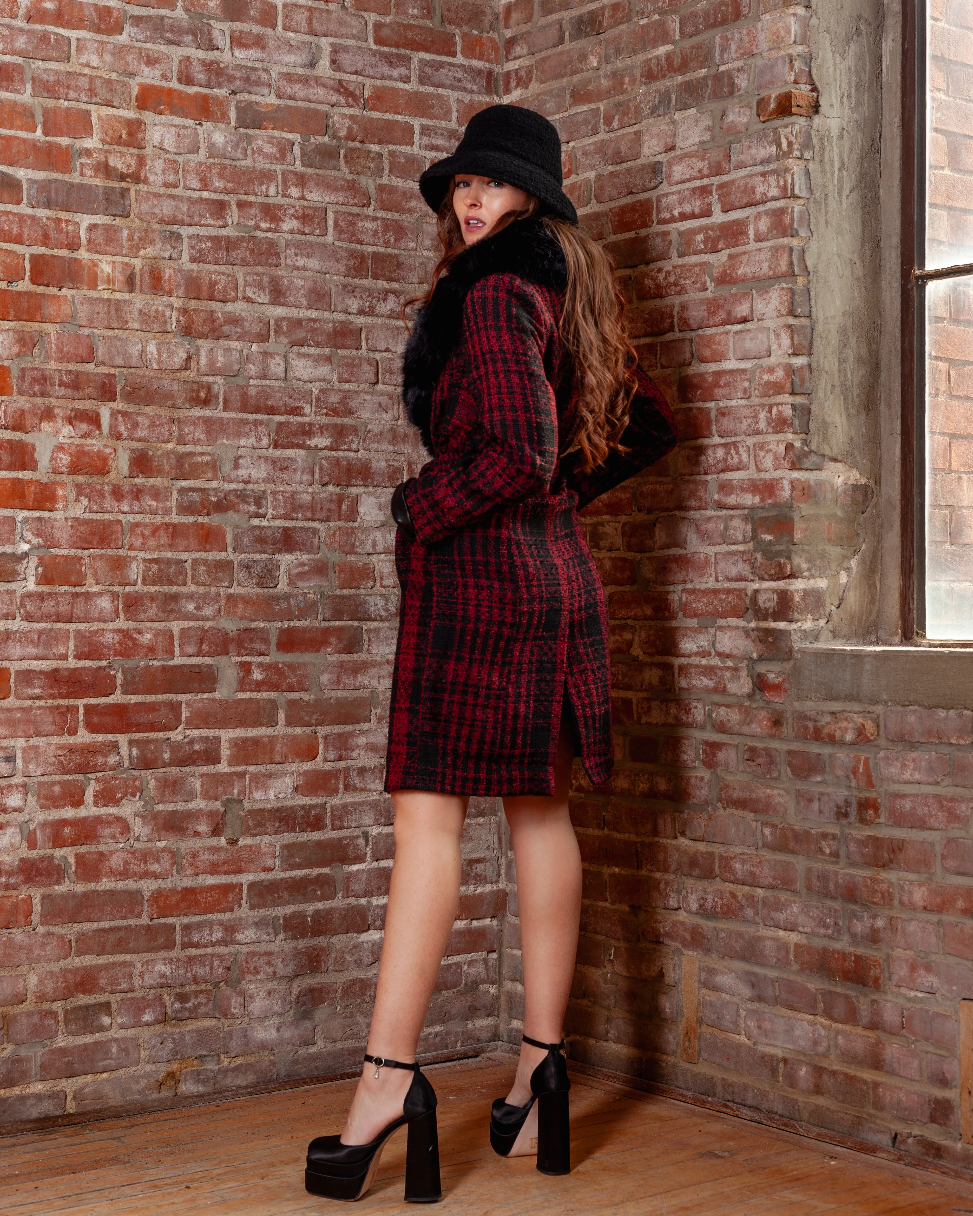 Berlin Red Plaid Coat With Removable Faux Fur