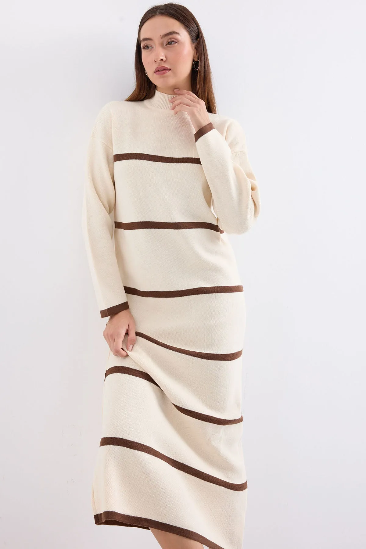 BGD Women Striped Long Knit Dress - Cream - Avondale