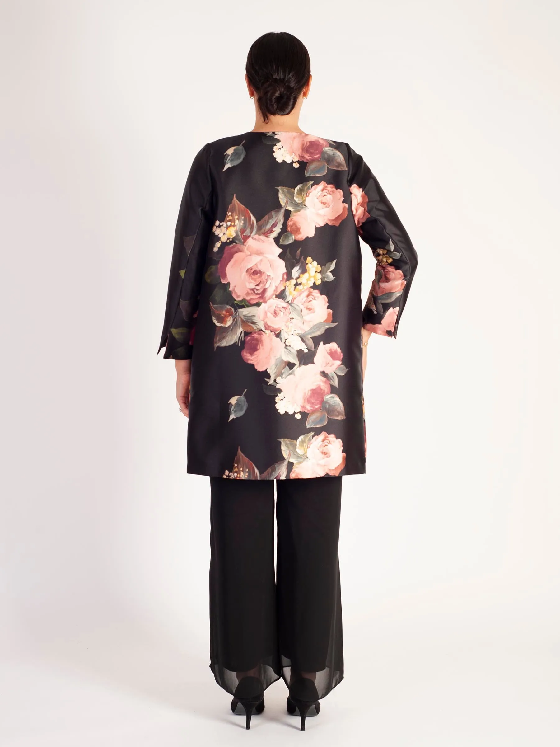 Black/Dusty Pink Floral Placement Edge to Edge Contrast Lined Satin Twill Coat