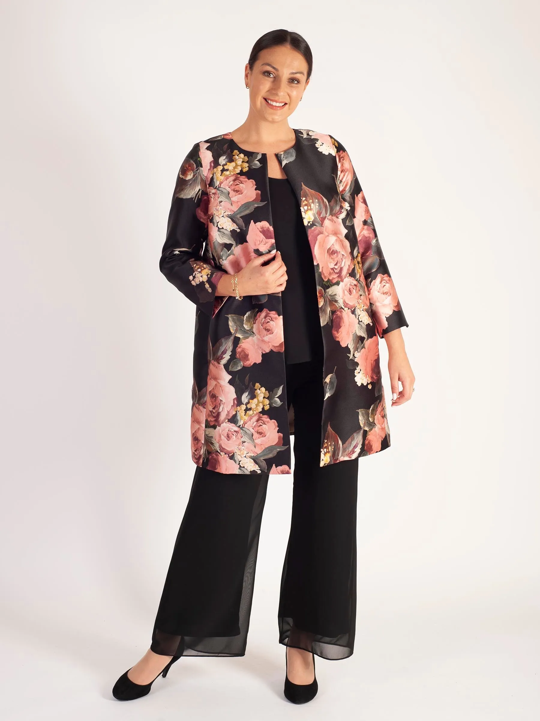 Black/Dusty Pink Floral Placement Edge to Edge Contrast Lined Satin Twill Coat