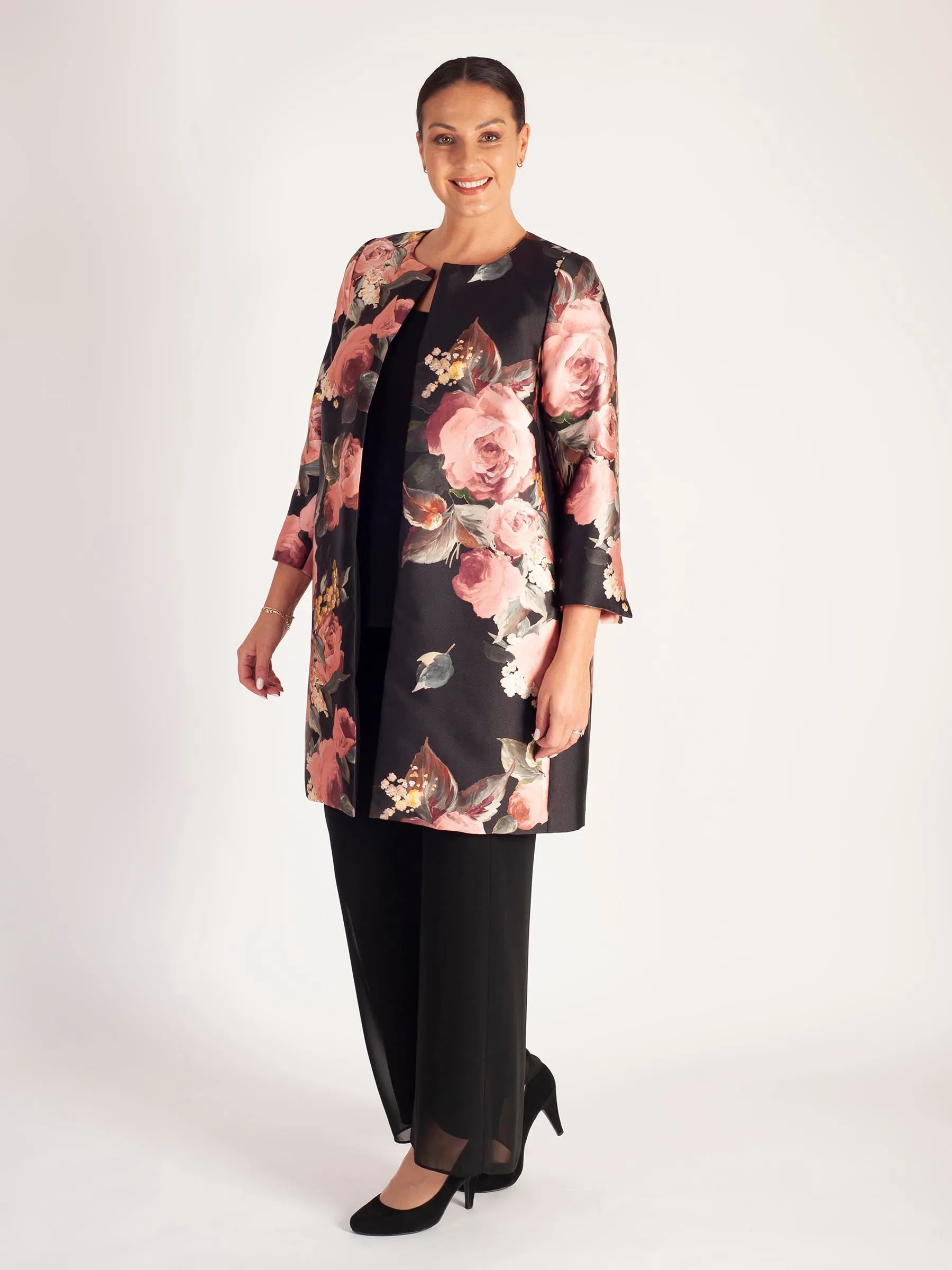 Black/Dusty Pink Floral Placement Edge to Edge Contrast Lined Satin Twill Coat