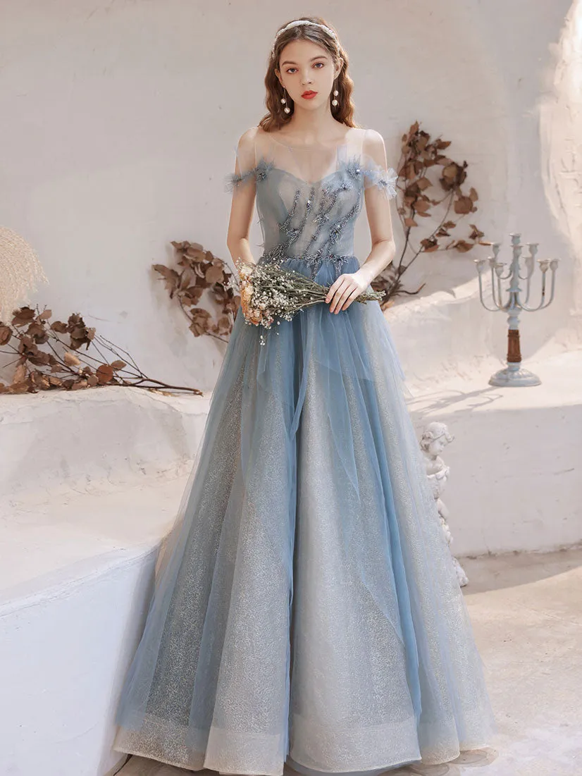 Blue Tulle Off Shoulder Beads Long Prom Dress, Blue Tulle Formal Dress