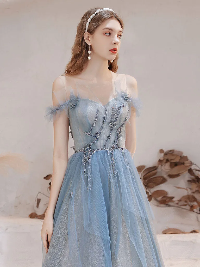 Blue Tulle Off Shoulder Beads Long Prom Dress, Blue Tulle Formal Dress