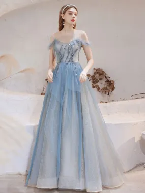 Blue Tulle Off Shoulder Beads Long Prom Dress, Blue Tulle Formal Dress