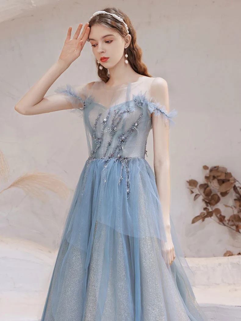 Blue Tulle Off Shoulder Beads Long Prom Dress, Blue Tulle Formal Dress