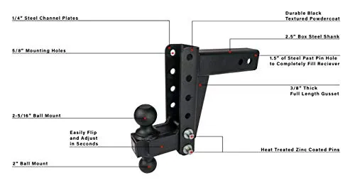 BulletProof Hitches 2.5" Adjustable Medium Duty (14,000lb Rating) 6" Drop/Rise Trailer Hitch with 2" and 2 5/16" Dual Ball (Black Textured Powder Coat)