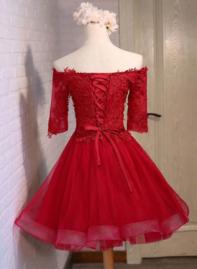 Burgundy Lace Short Prom Dress, A-Line Mini Party Dress