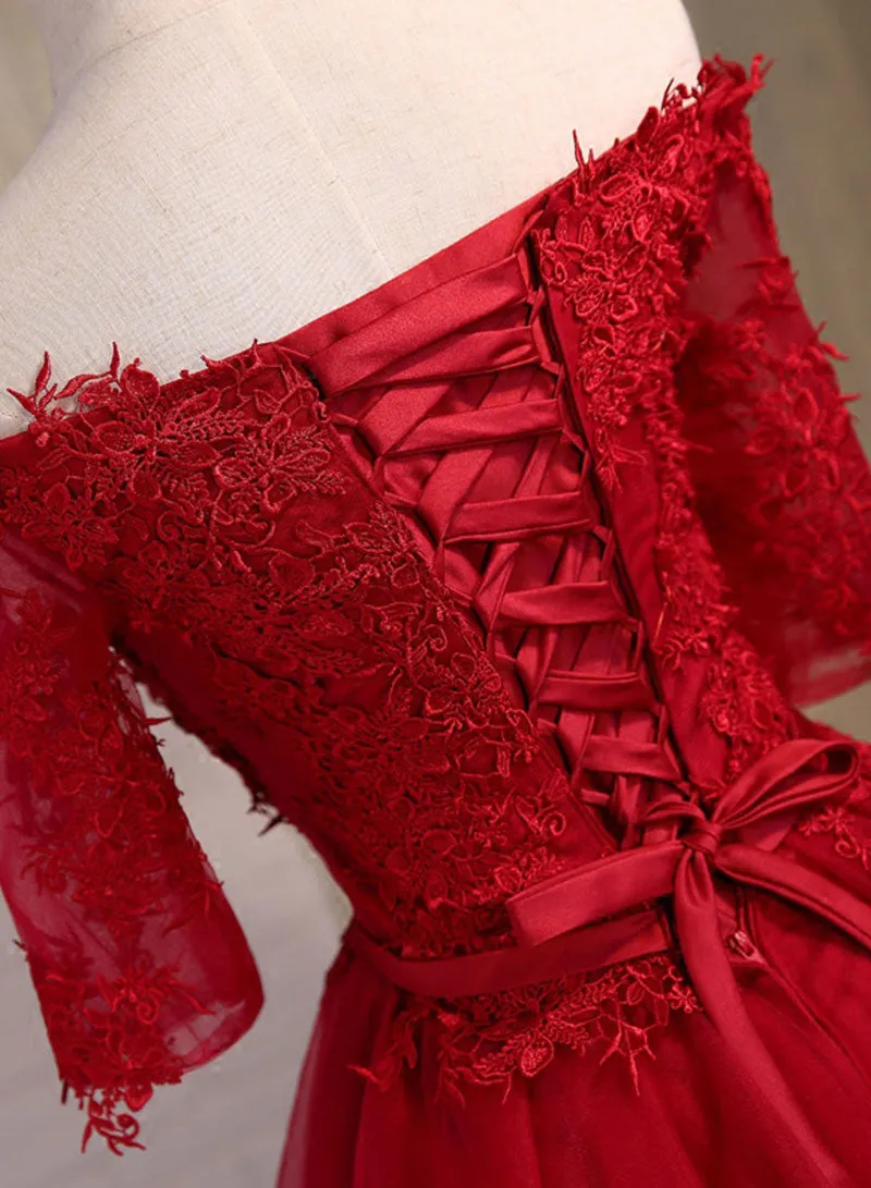 Burgundy Lace Short Prom Dress, A-Line Mini Party Dress