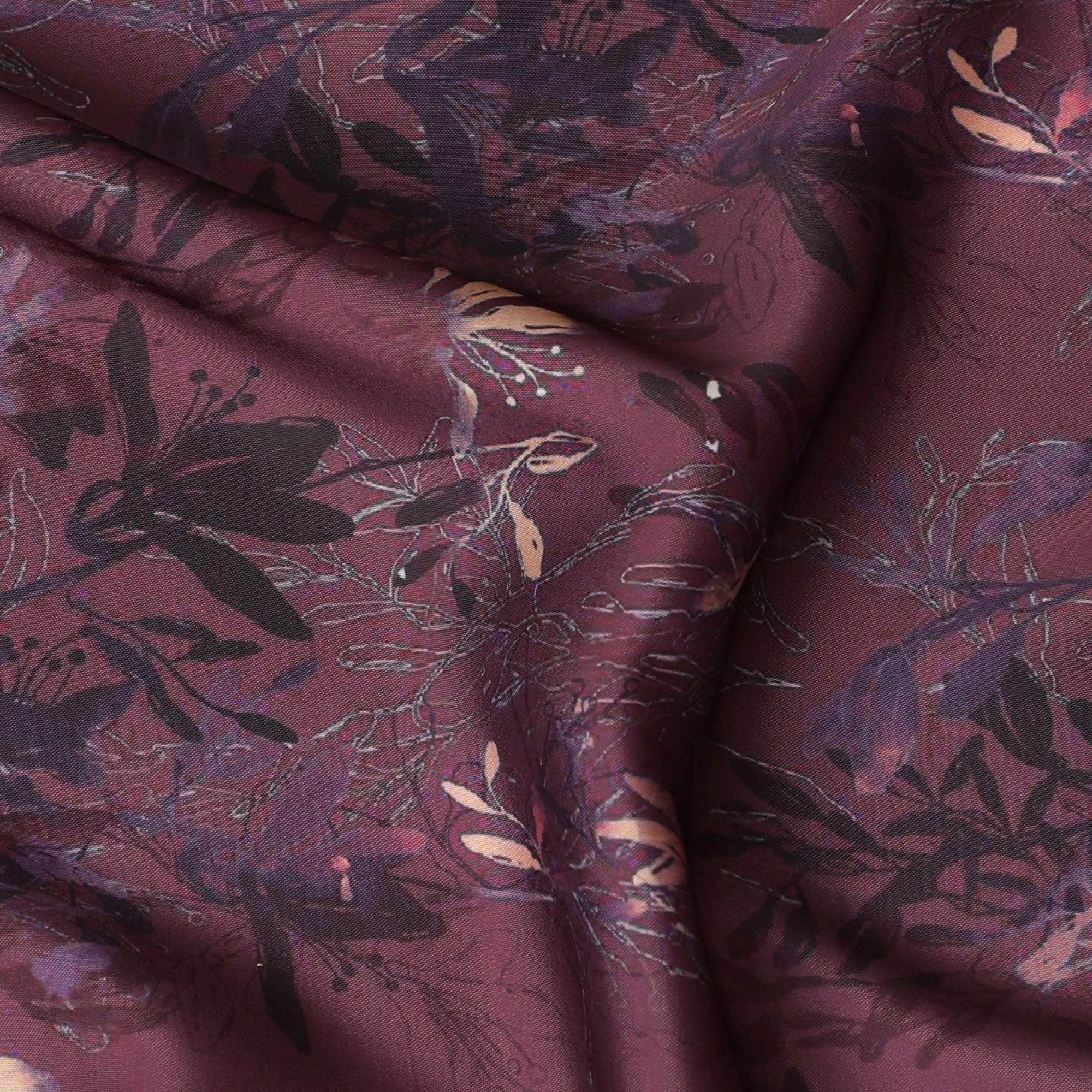 Burgundy Twilight Floral Synthetic Satin Fabric - 110cm Wide-D18556