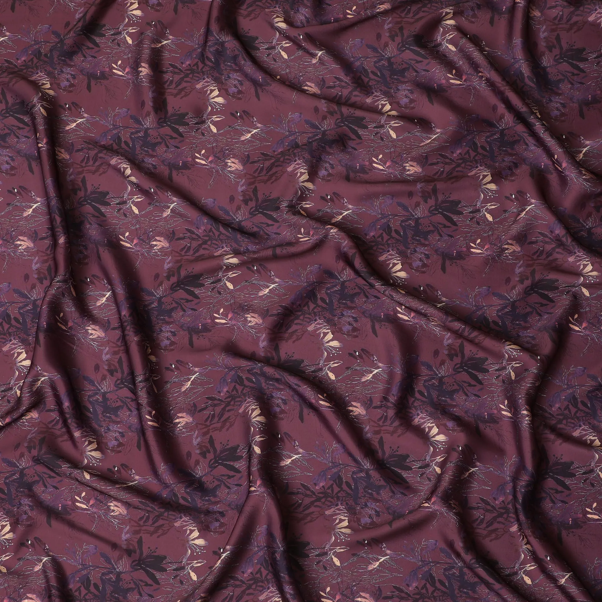 Burgundy Twilight Floral Synthetic Satin Fabric - 110cm Wide-D18556