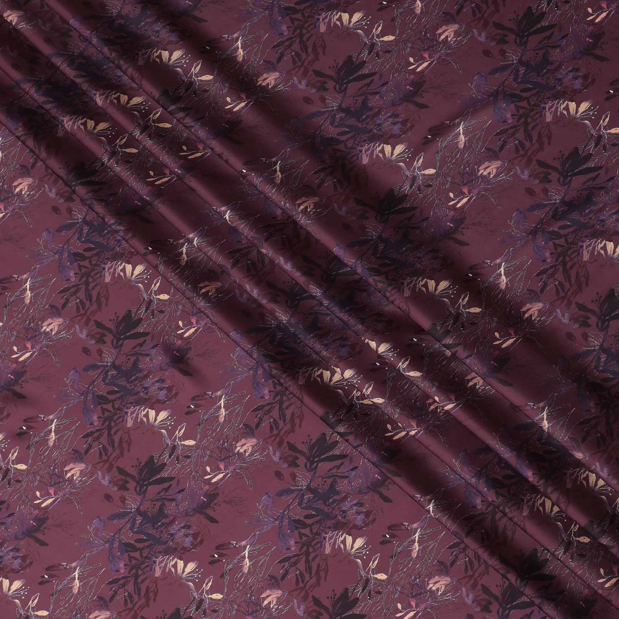 Burgundy Twilight Floral Synthetic Satin Fabric - 110cm Wide-D18556