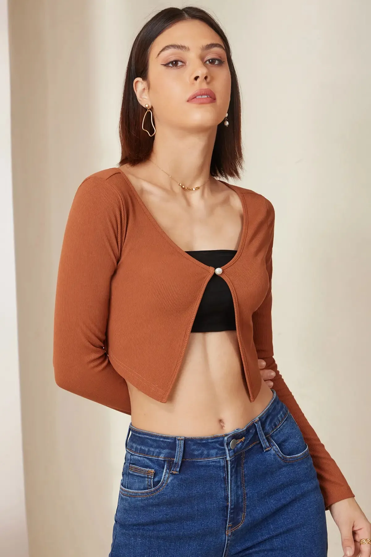 Button Front Split Crop Top