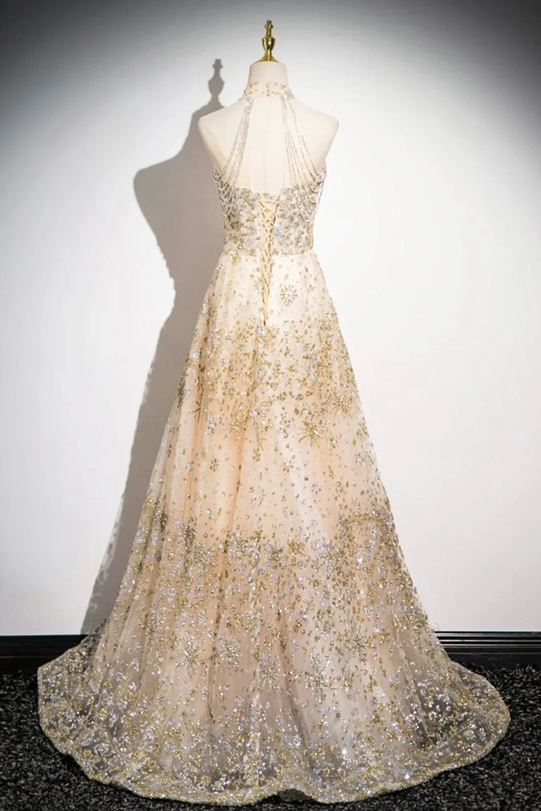 Champagne Tulle Sequins Long Prom Dress, Champagne A-Line Formal Evening Dress