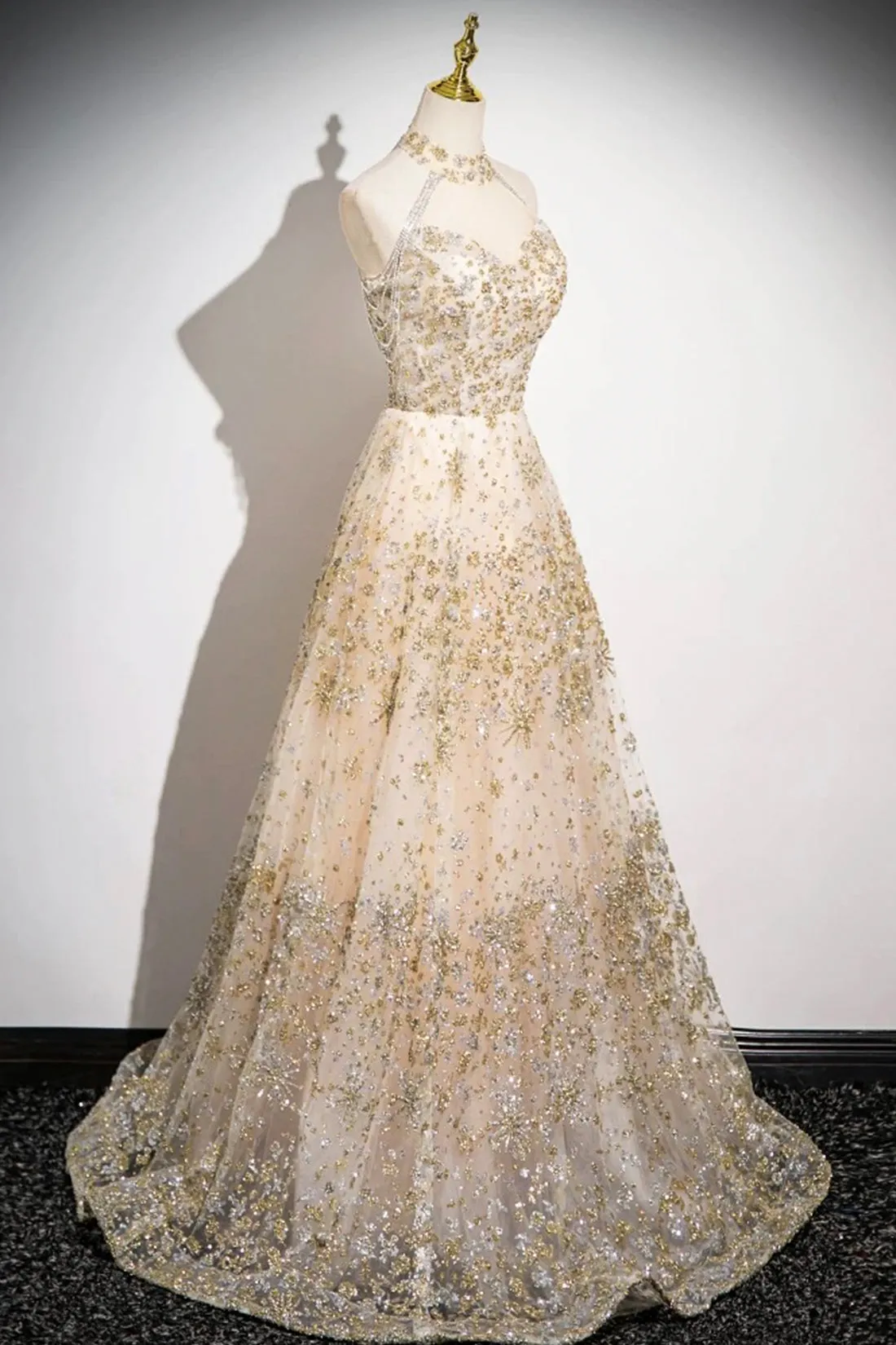 Champagne Tulle Sequins Long Prom Dress, Champagne A-Line Formal Evening Dress