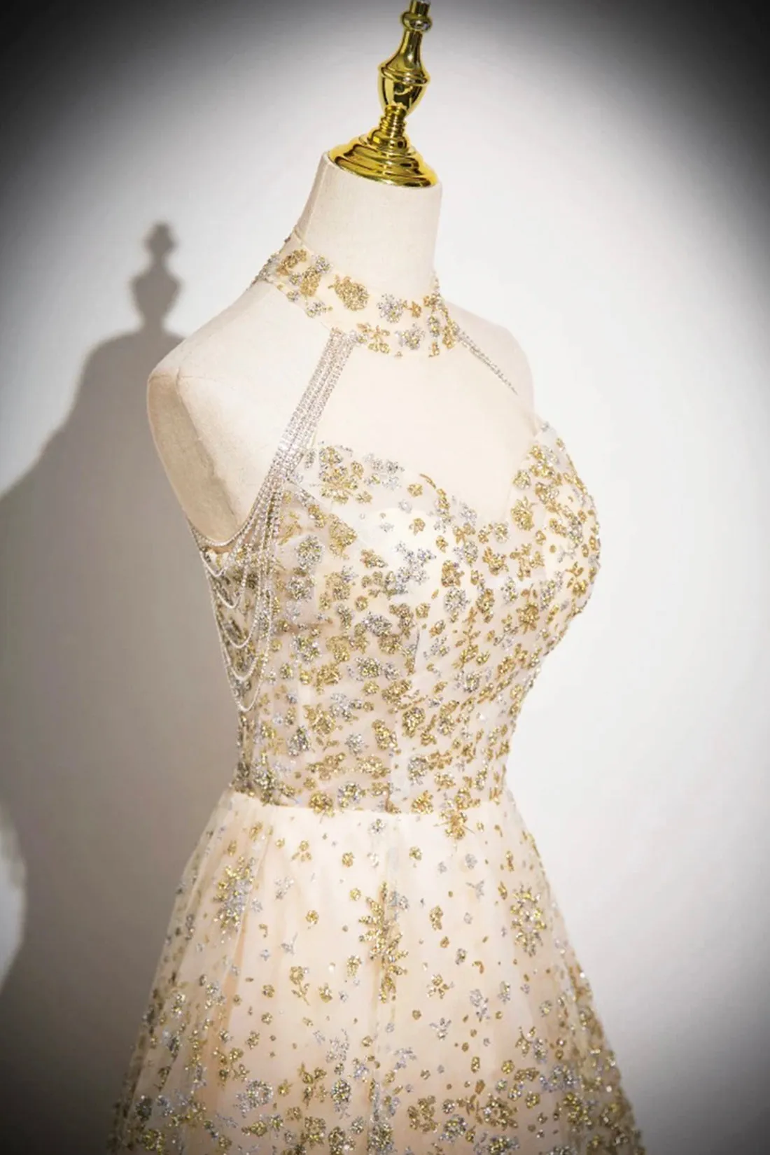 Champagne Tulle Sequins Long Prom Dress, Champagne A-Line Formal Evening Dress