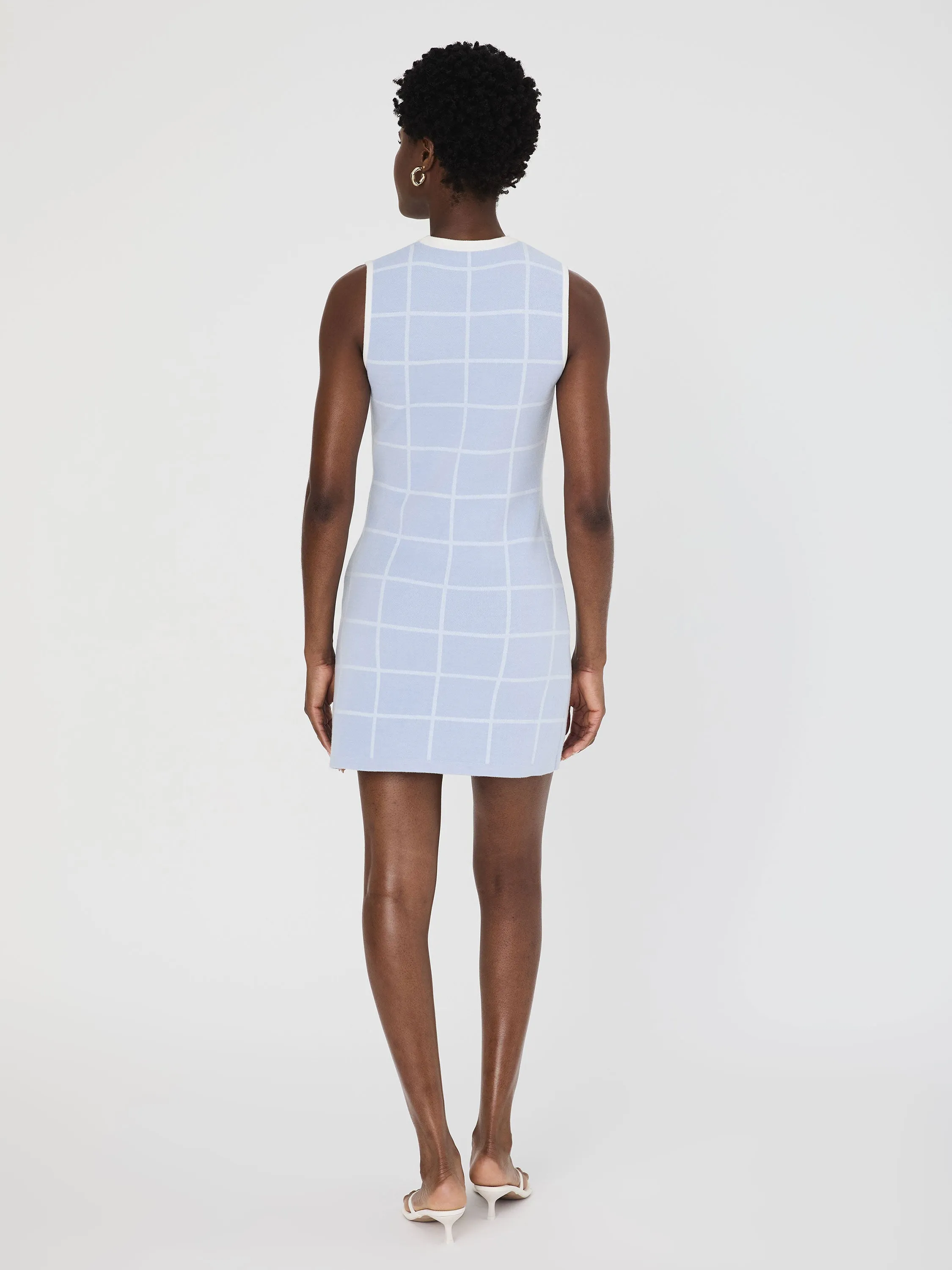 Check Sleeveless Crew Dress Sky Blue Summer White