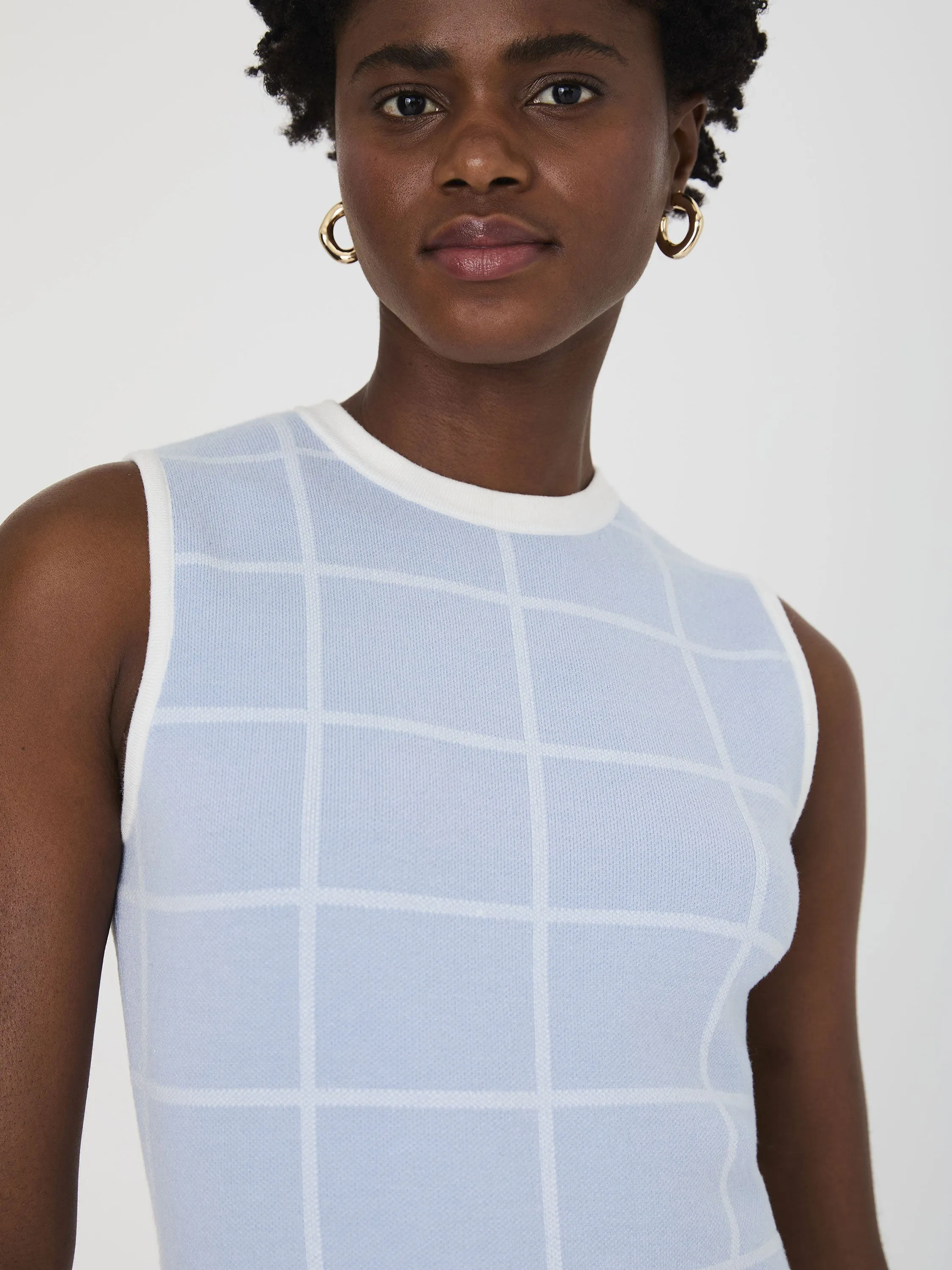 Check Sleeveless Crew Dress Sky Blue Summer White