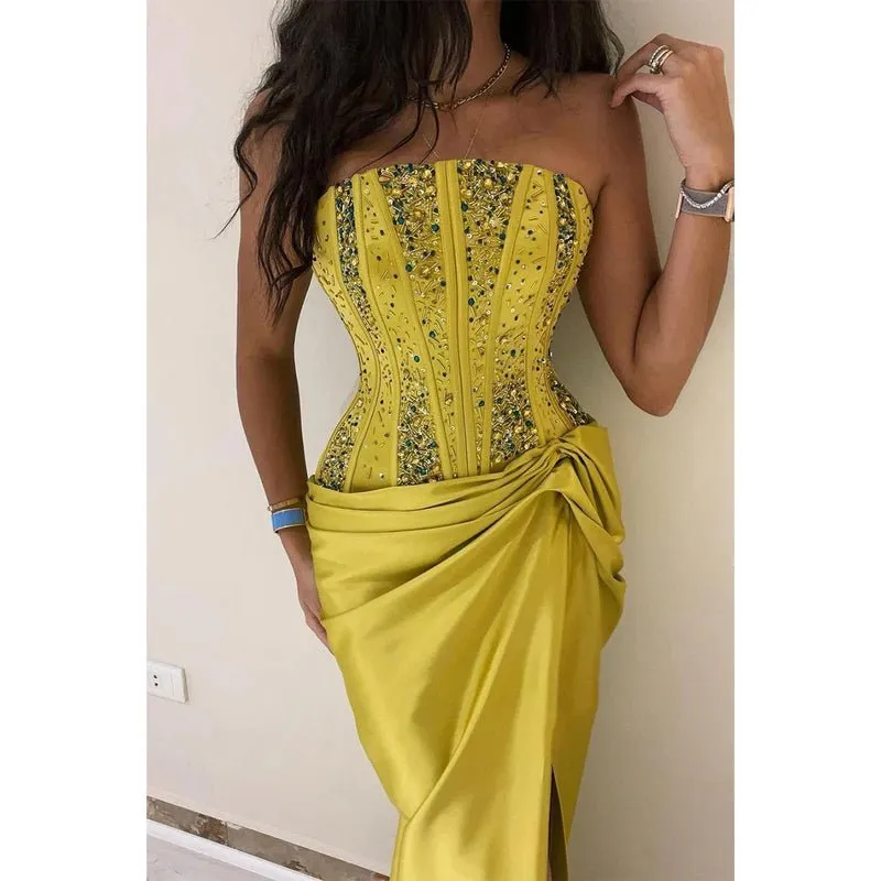 Chic & Modern Strapless Beaded Yellow Pleats Long Prom Evening Dress