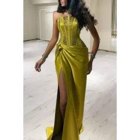 Chic & Modern Strapless Beaded Yellow Pleats Long Prom Evening Dress