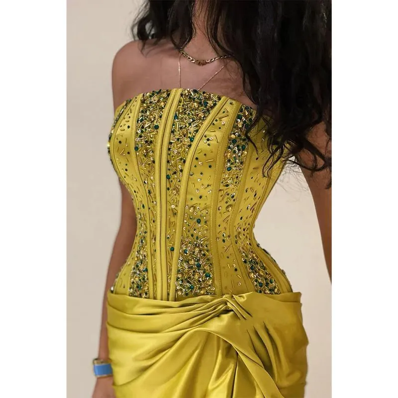 Chic & Modern Strapless Beaded Yellow Pleats Long Prom Evening Dress