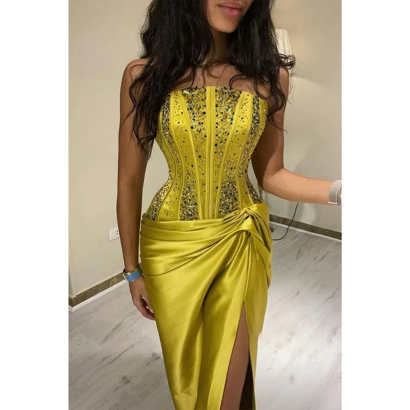 Chic & Modern Strapless Beaded Yellow Pleats Long Prom Evening Dress