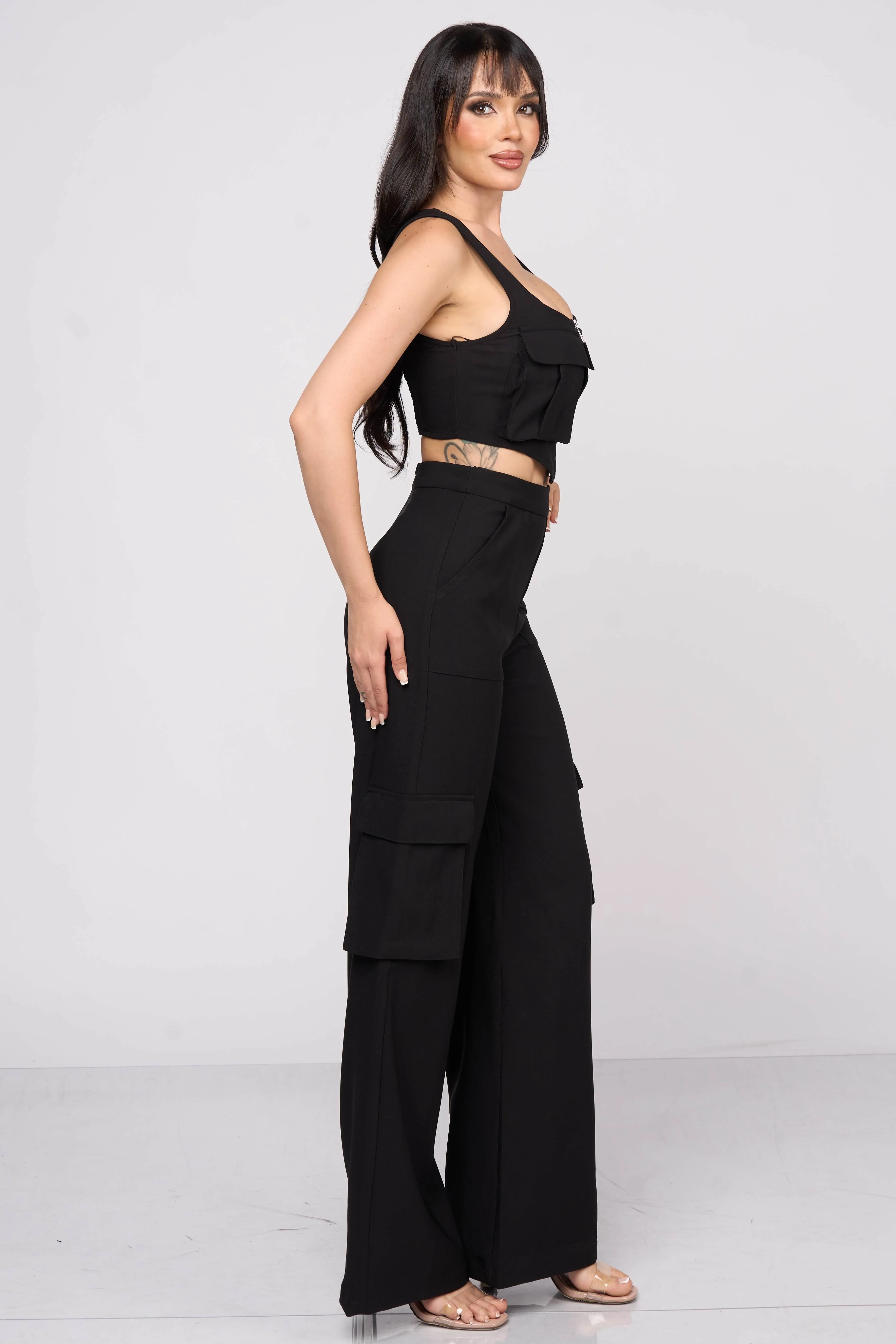 CHIC CARGO ZIPUP CROP TOP & CARGO PANTS SETS