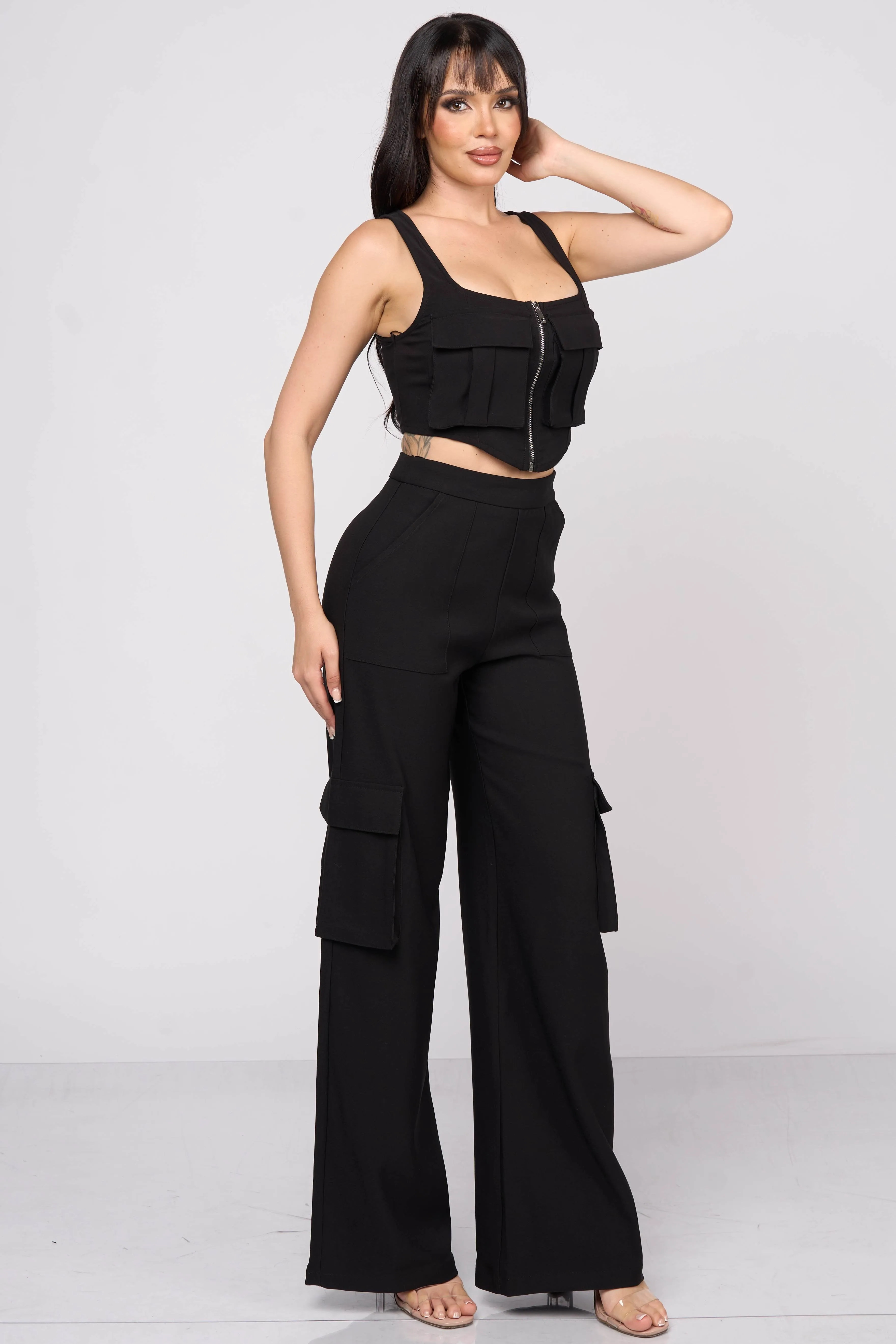 CHIC CARGO ZIPUP CROP TOP & CARGO PANTS SETS
