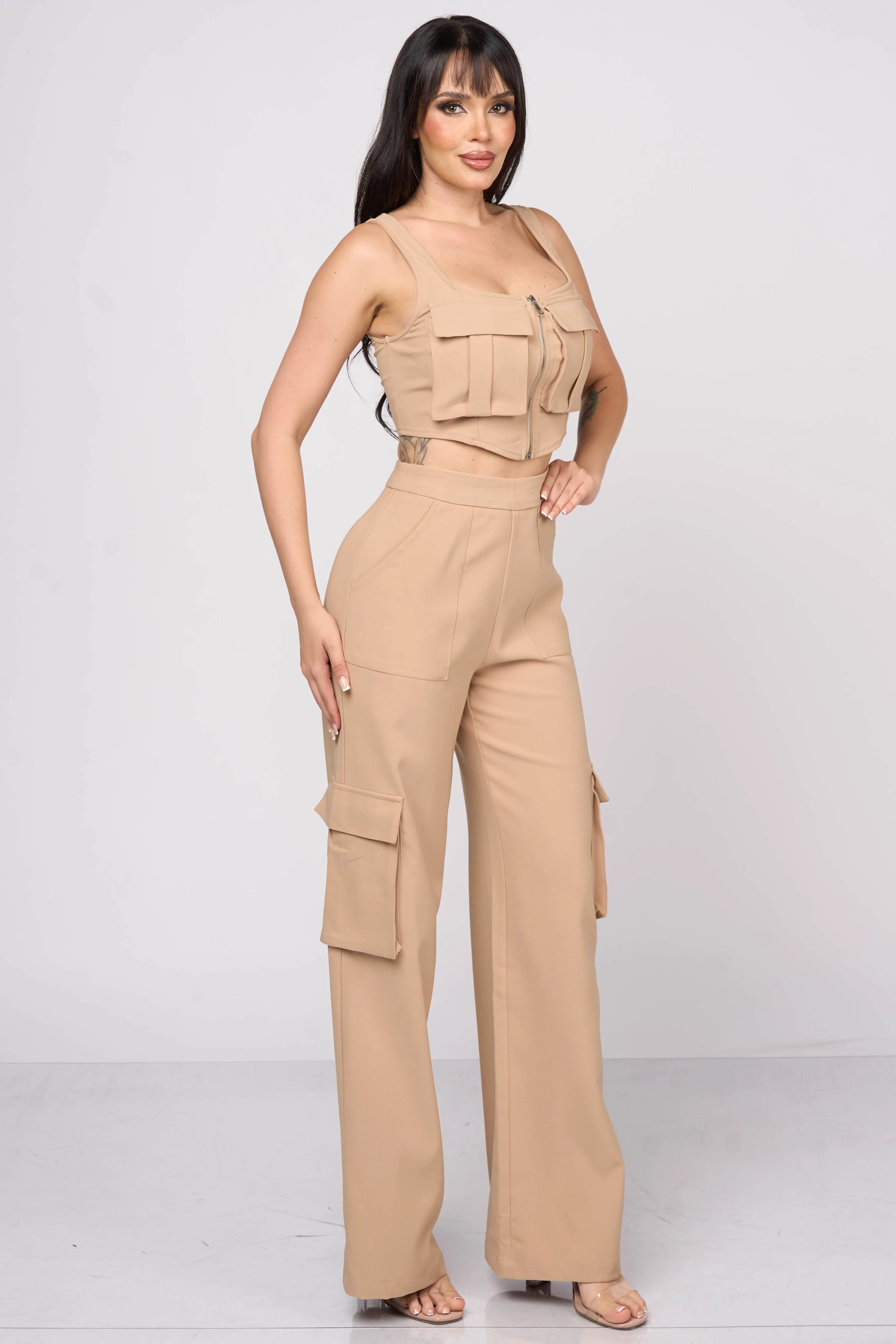 CHIC CARGO ZIPUP CROP TOP & CARGO PANTS SETS