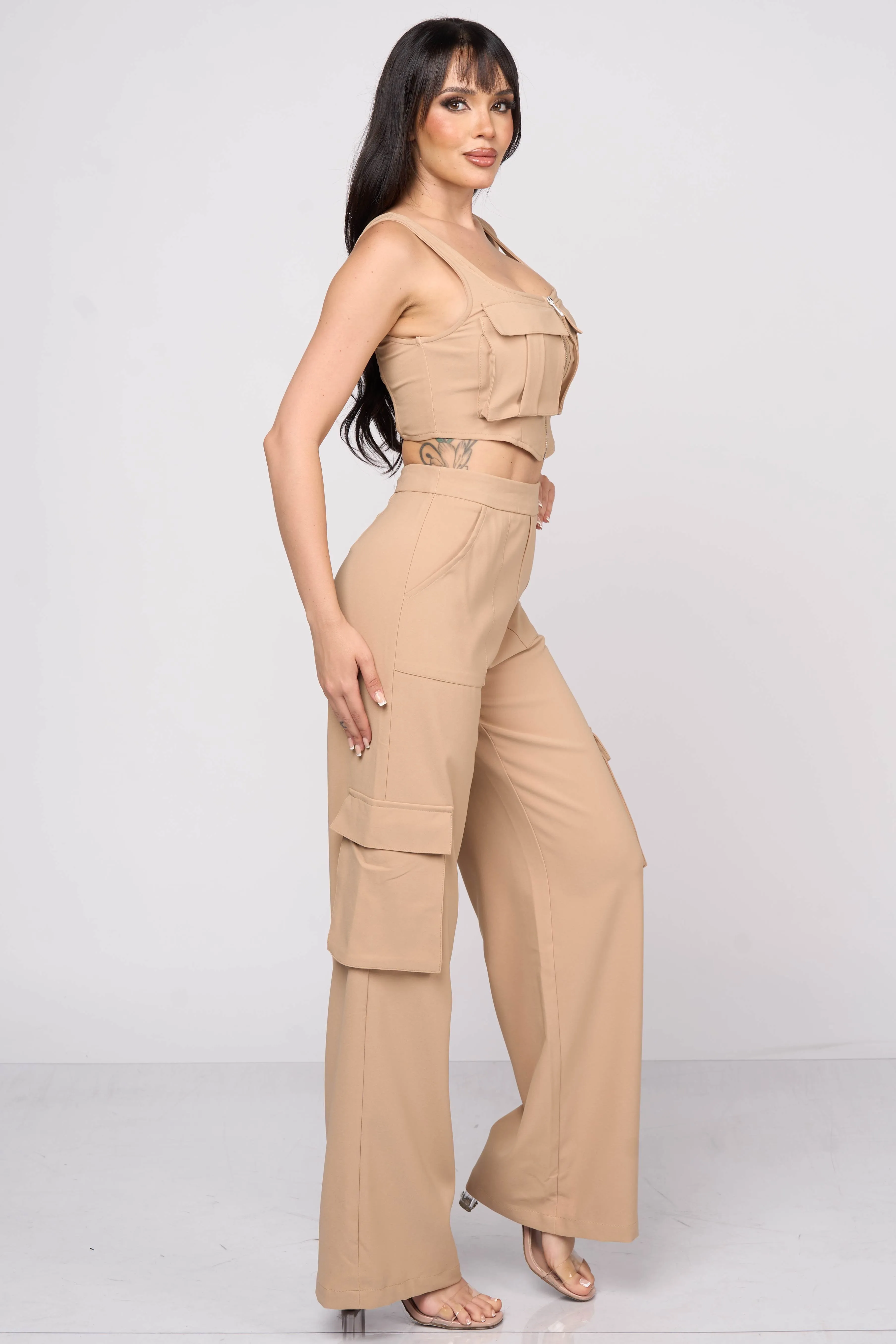 CHIC CARGO ZIPUP CROP TOP & CARGO PANTS SETS