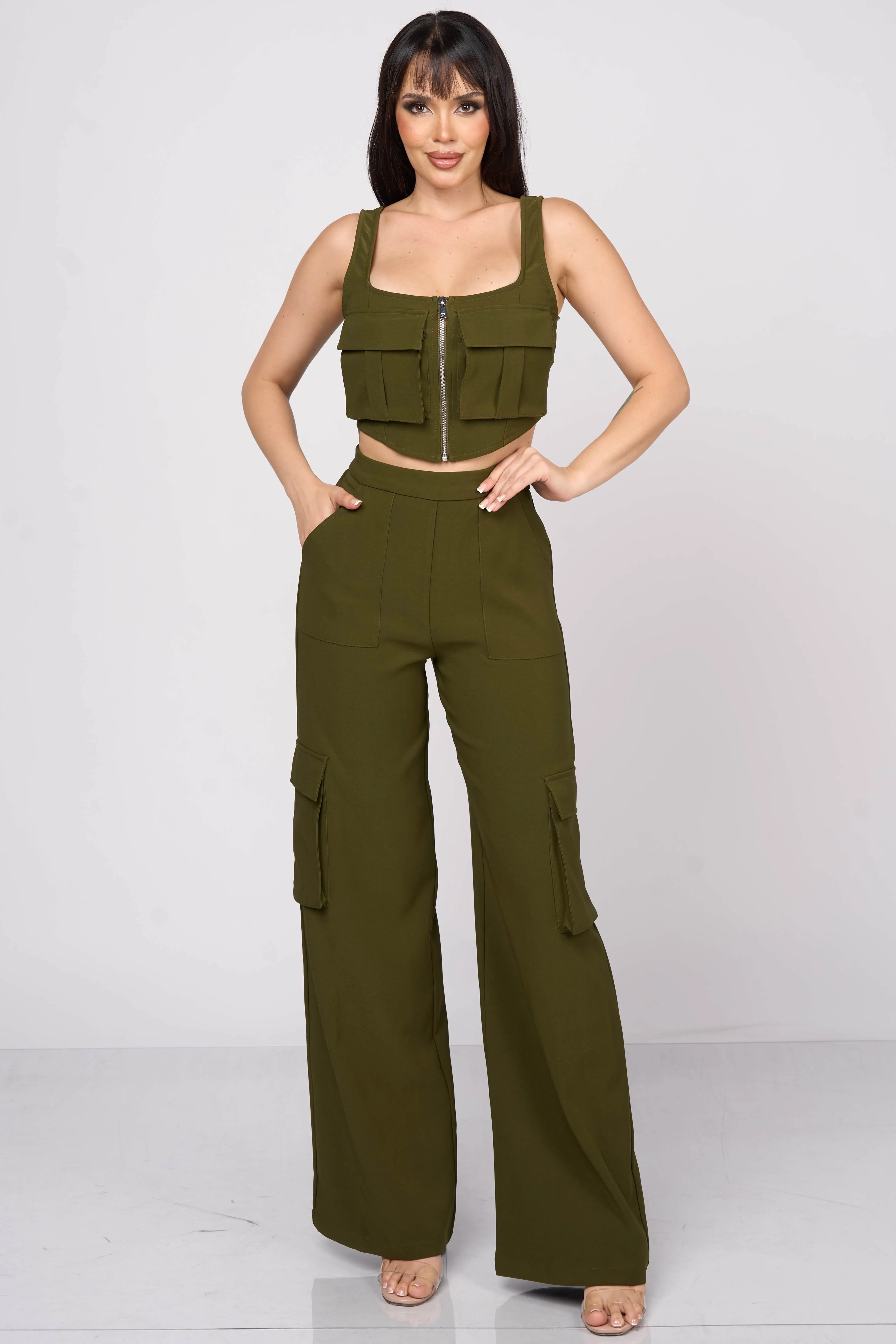 CHIC CARGO ZIPUP CROP TOP & CARGO PANTS SETS