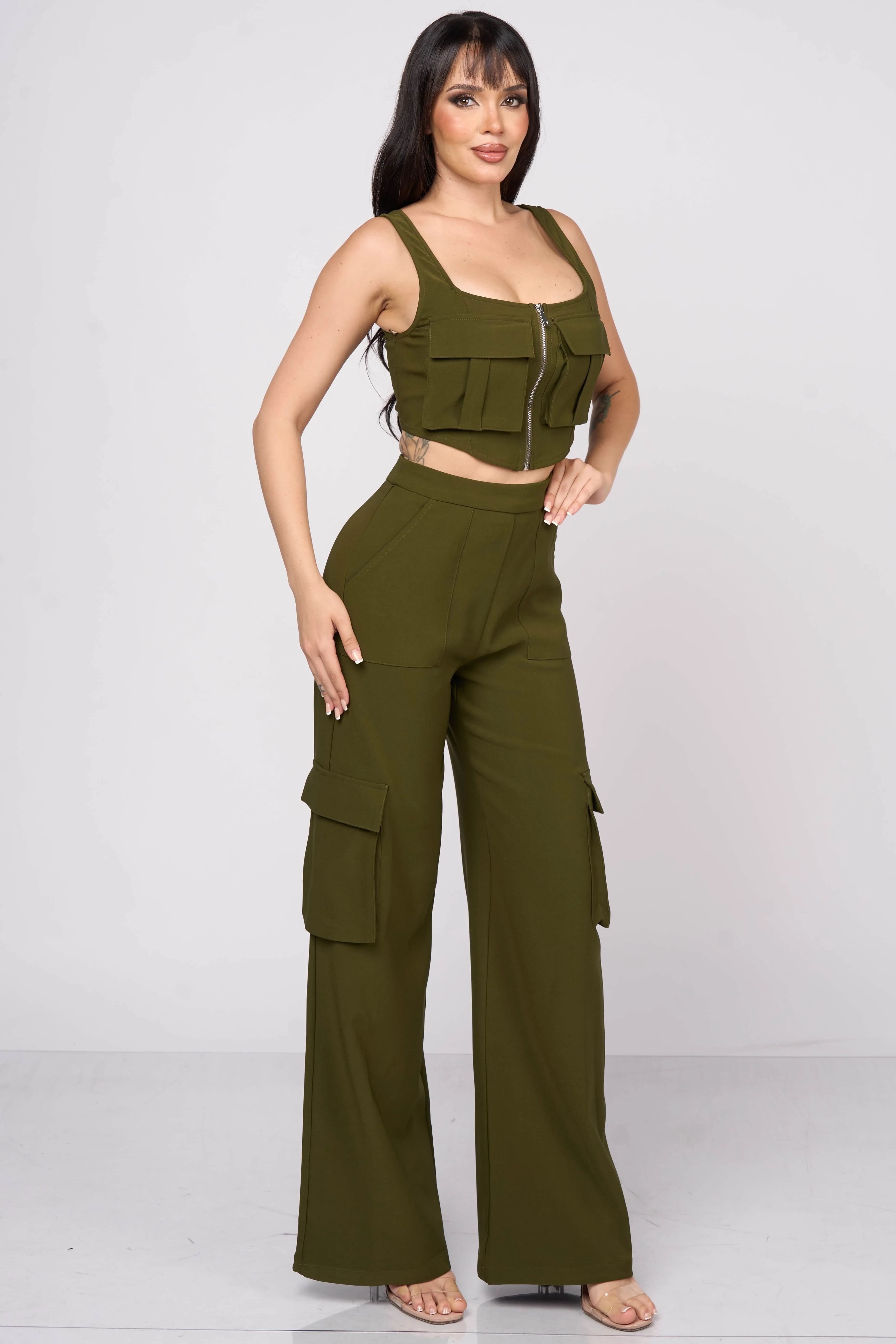 CHIC CARGO ZIPUP CROP TOP & CARGO PANTS SETS