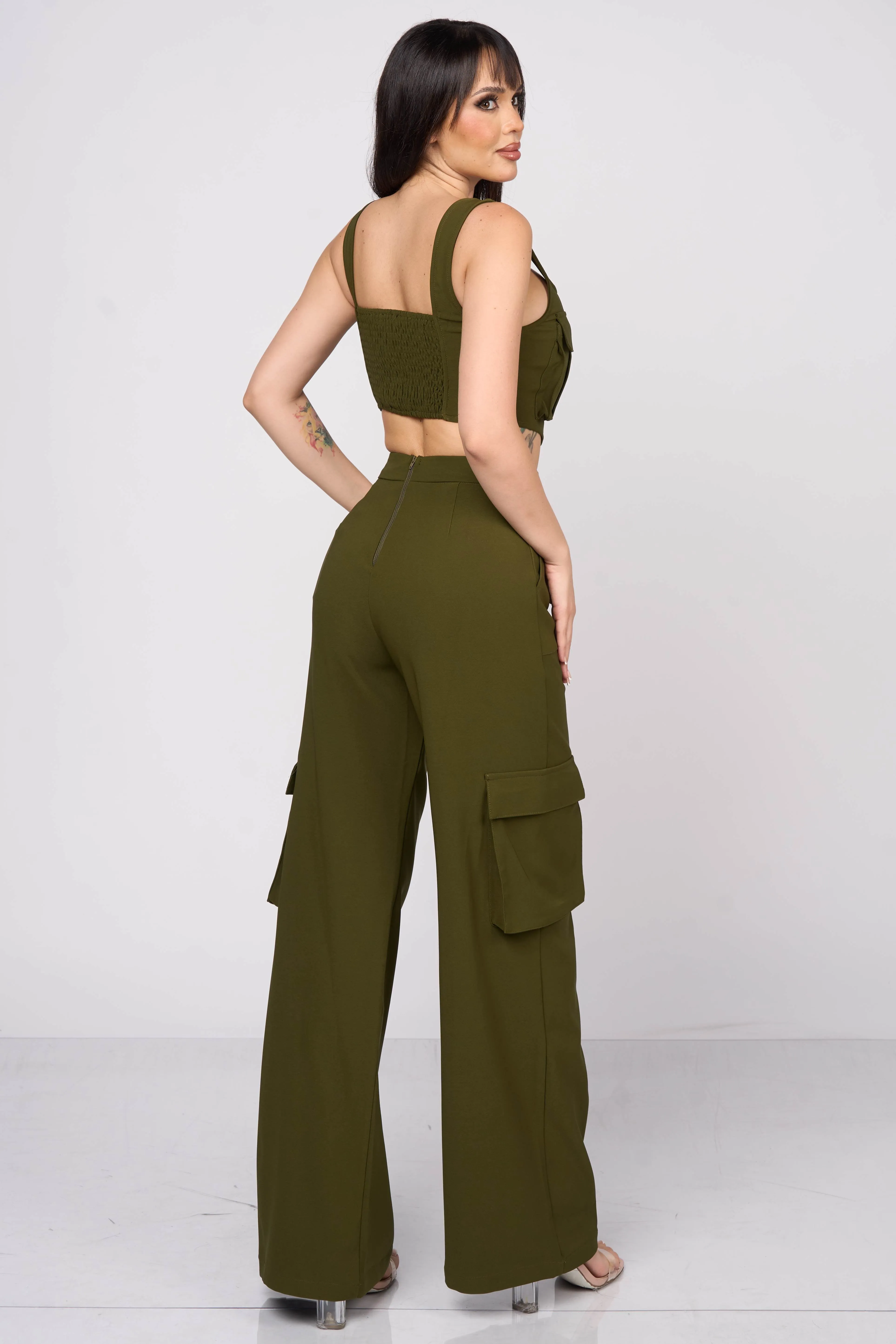 CHIC CARGO ZIPUP CROP TOP & CARGO PANTS SETS