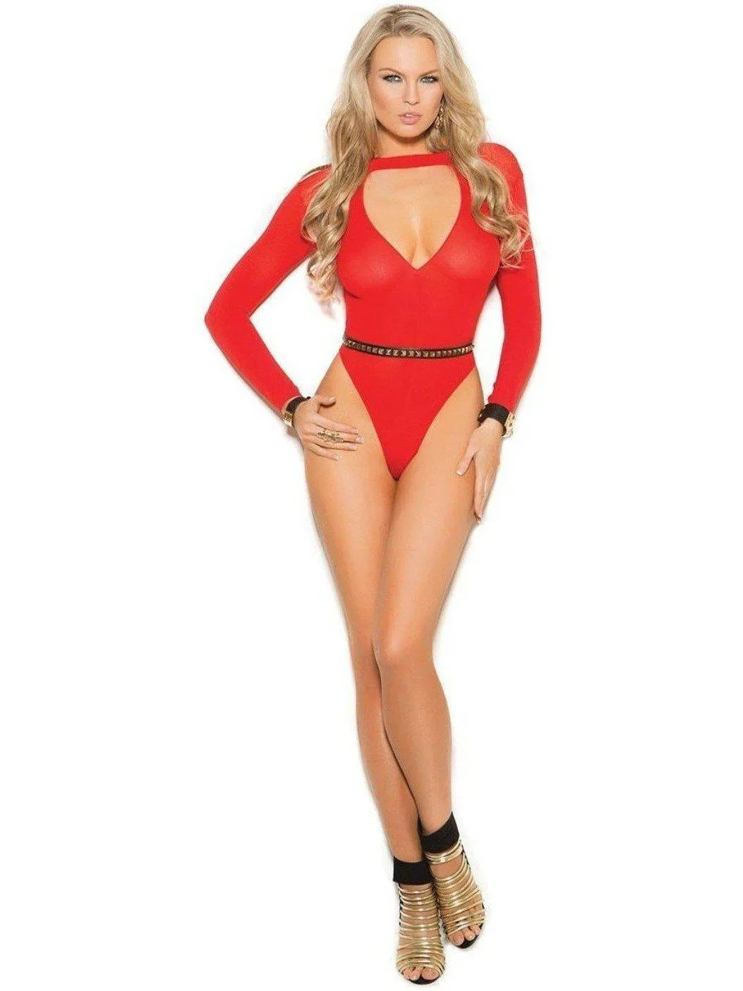 Classy Long sleeve deep V opaque teddy in Red