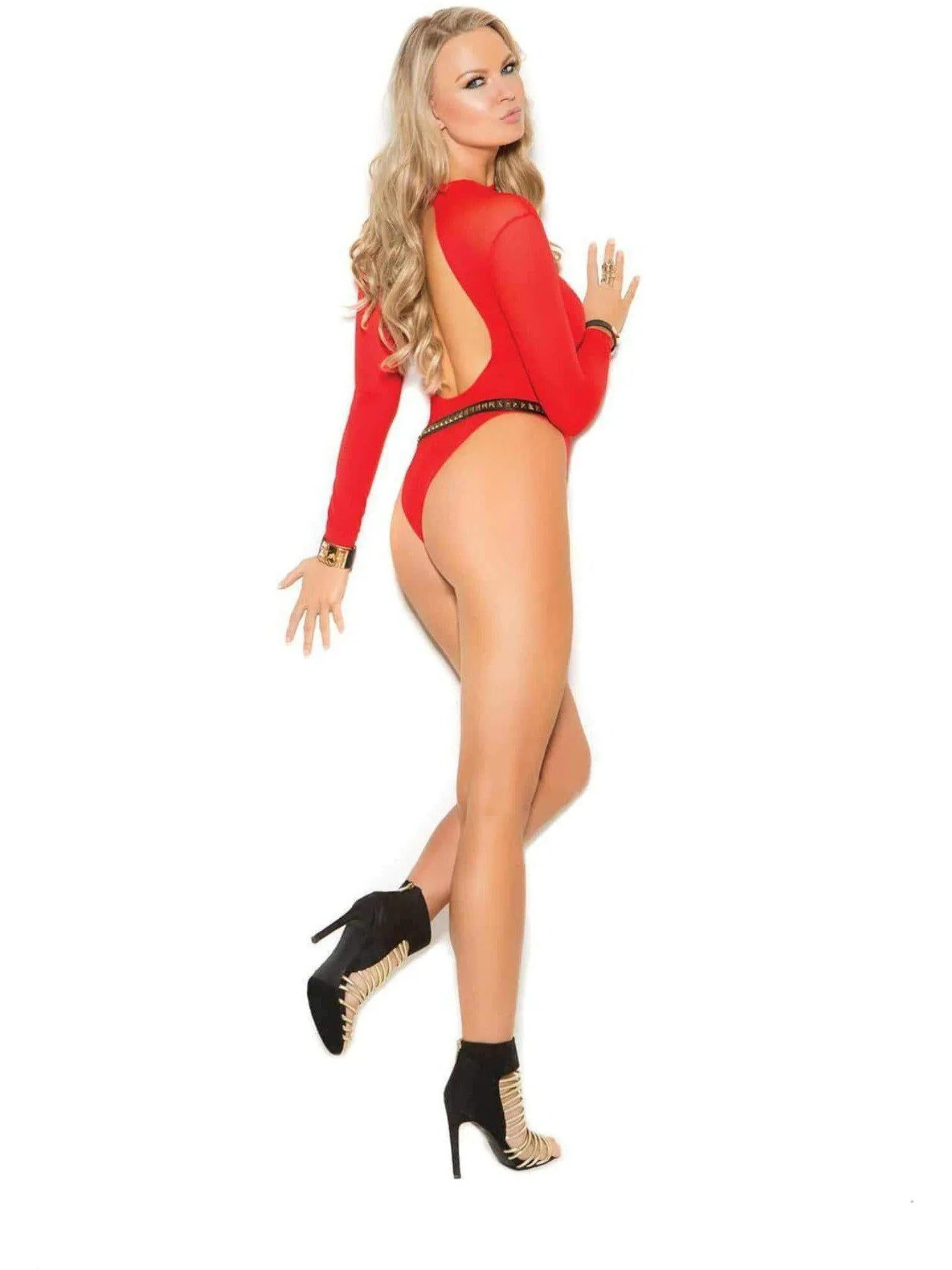 Classy Long sleeve deep V opaque teddy in Red