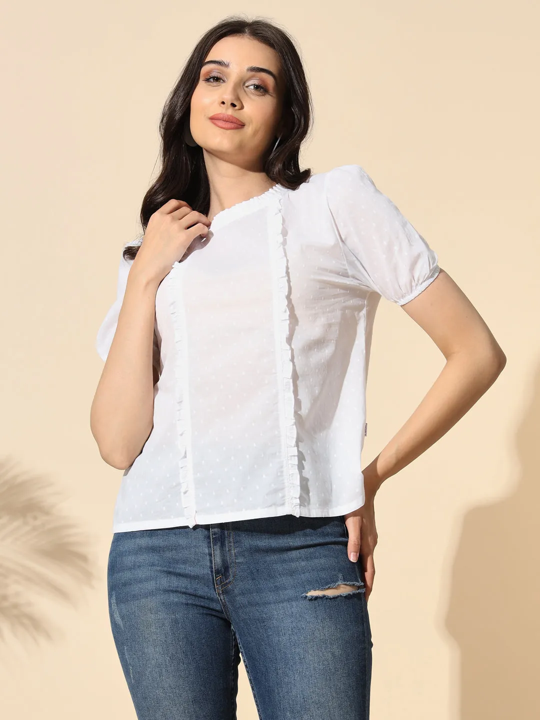 Cotton Dobby Top With Frill and Ruffle-#TP011- White