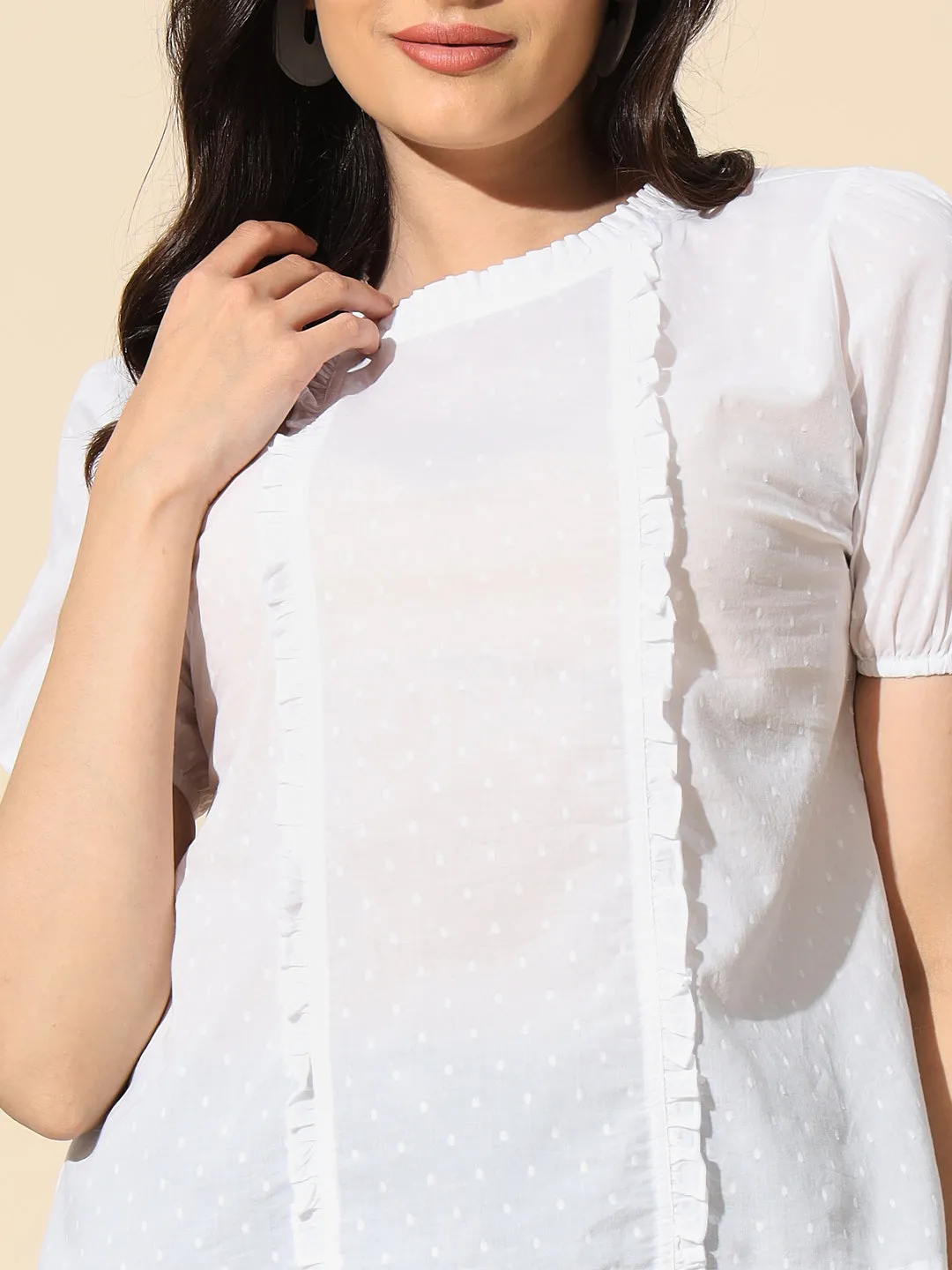 Cotton Dobby Top With Frill and Ruffle-#TP011- White