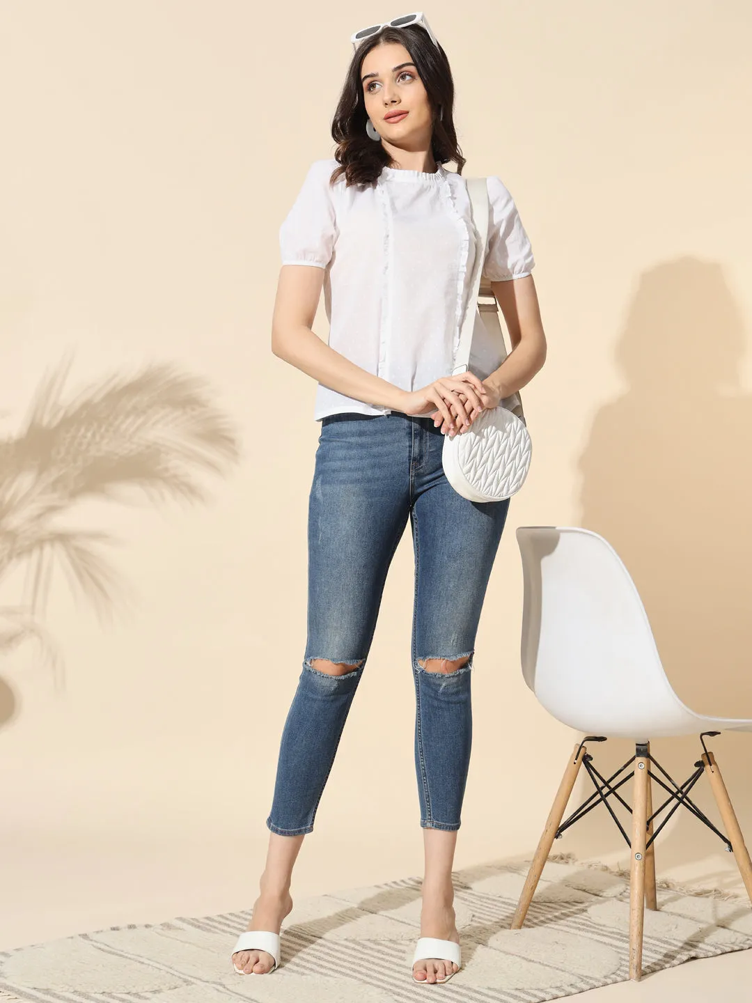 Cotton Dobby Top With Frill and Ruffle-#TP011- White
