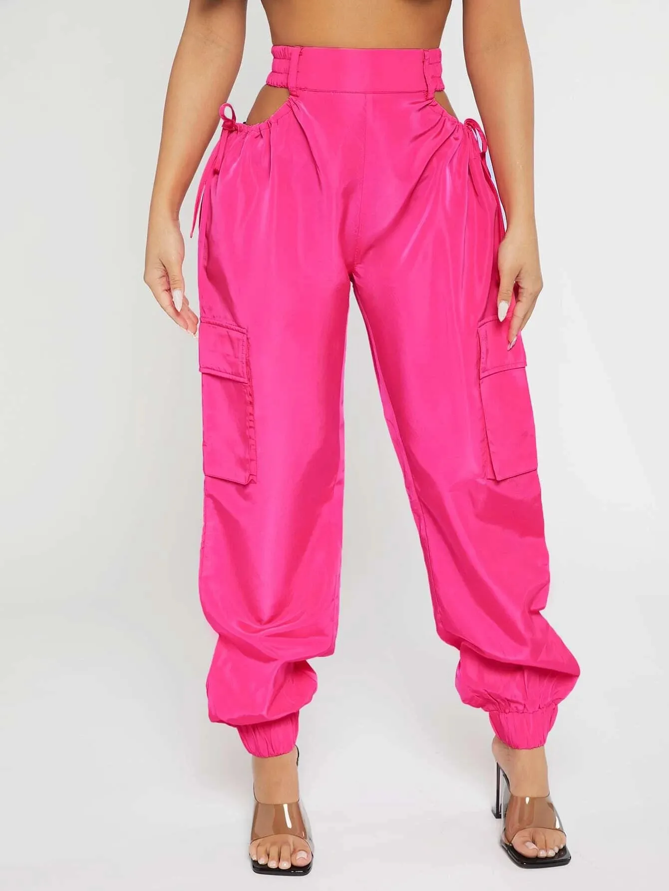Cut Out Waist Flap Pocket Cargo Pants